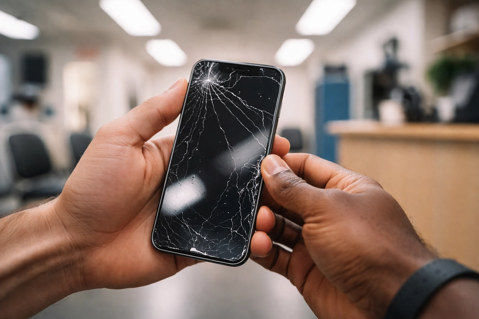 Close-up of a professional holding a cracked iPhone in a repair shop waiting room, highlighting NYC device repair hassle.