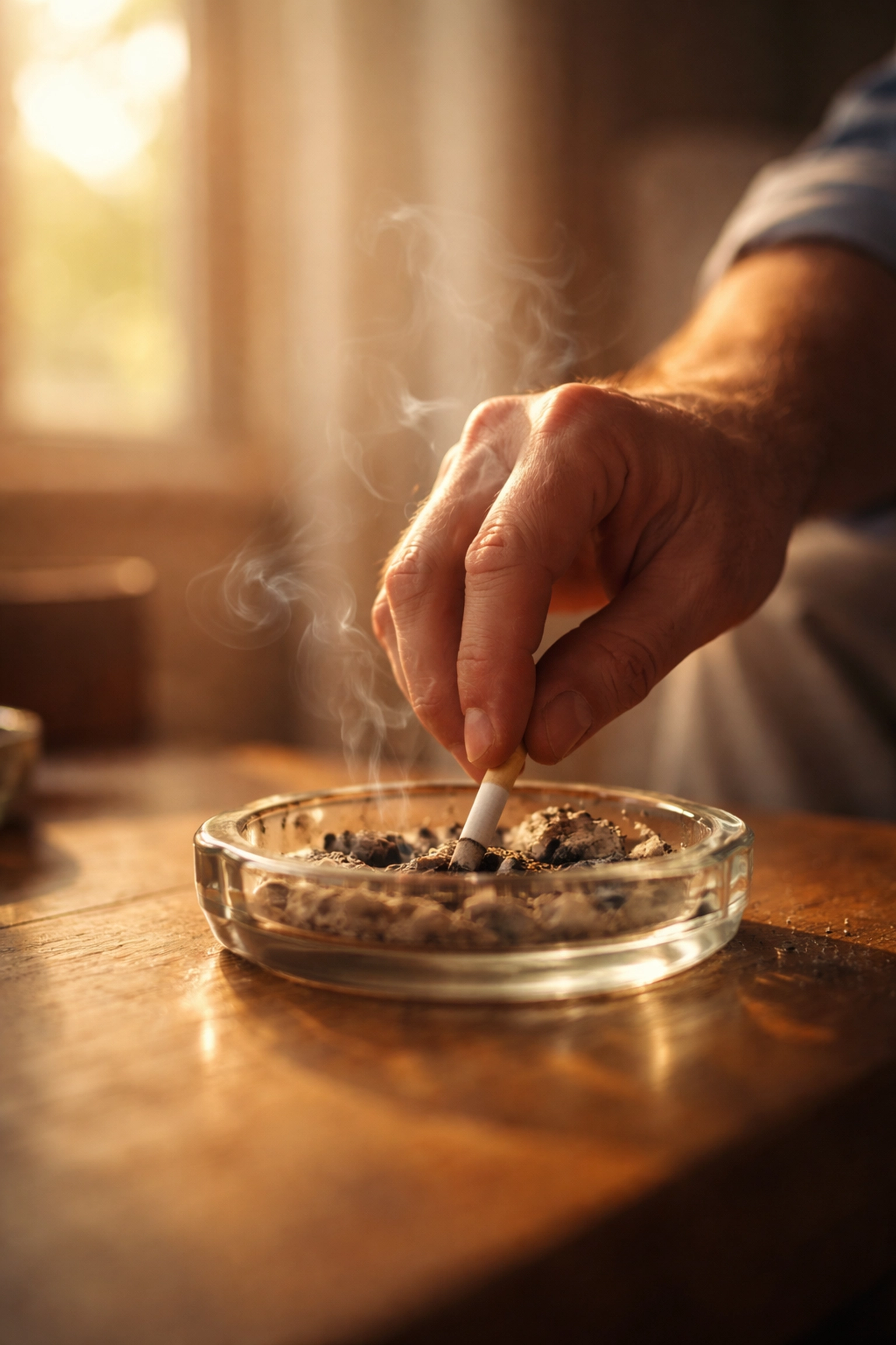 Férfi kéz cigarettát nyom el hamutartóban, leszokás a dohányzásról a merevedési zavar ellen