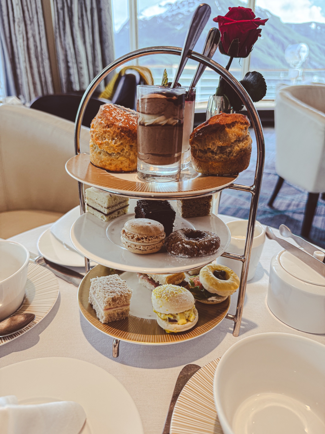 Three-tier afternoon tea service on a cruise ship