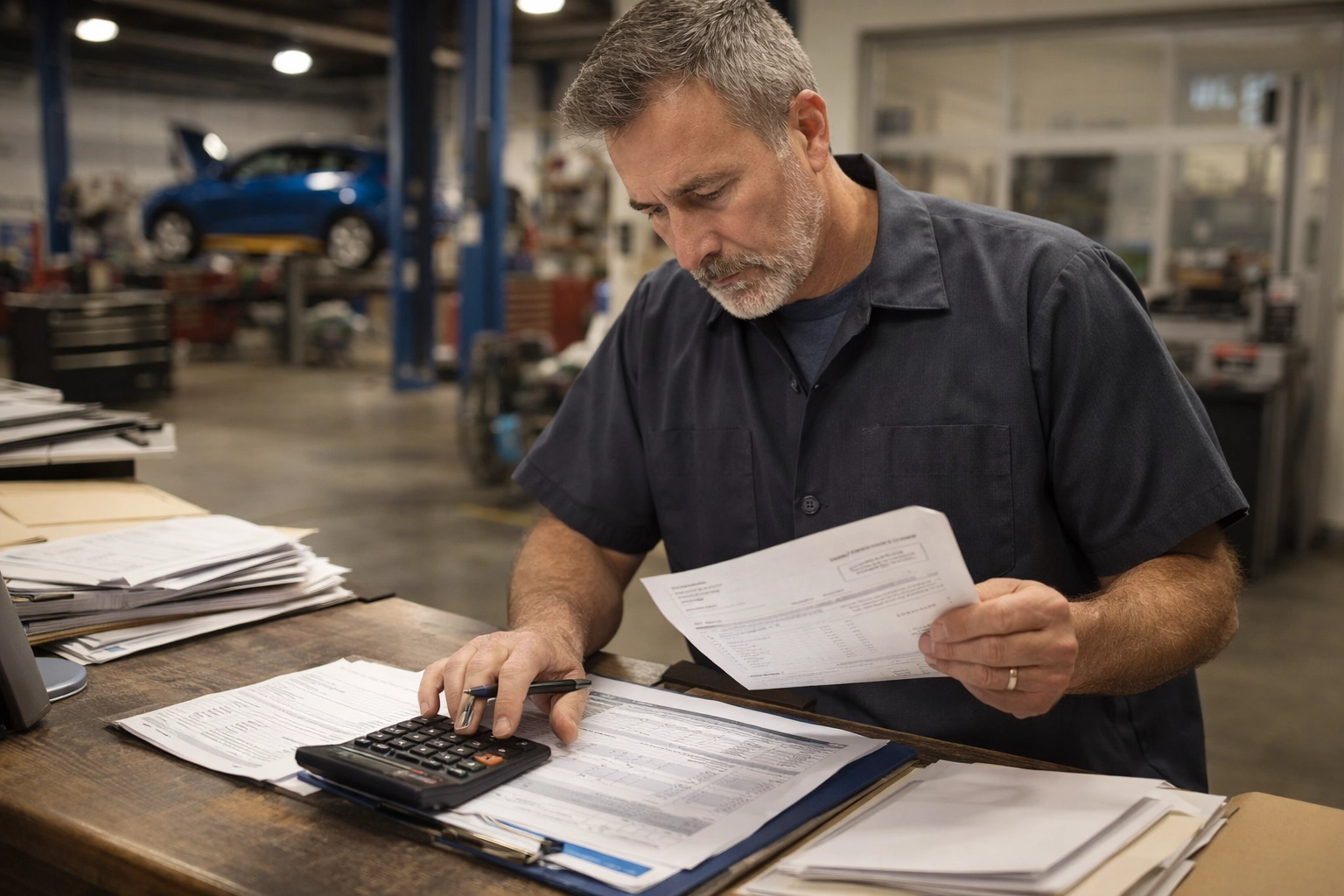 Auto repair shop owner reviewing monthly business and marketing expenses with paperwork and a calculator at the front desk.