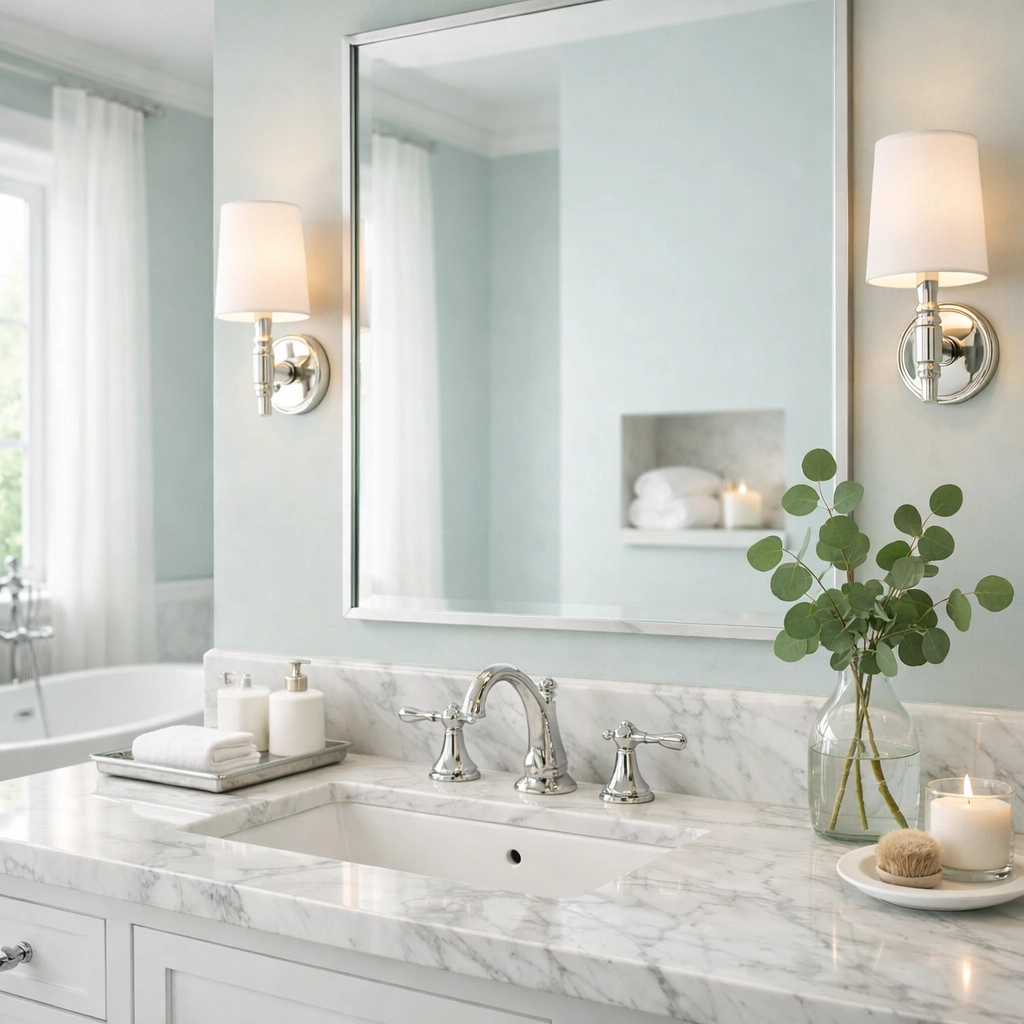 Relaxing sea salt blue bathroom walls in a luxury Atlanta residential home project.