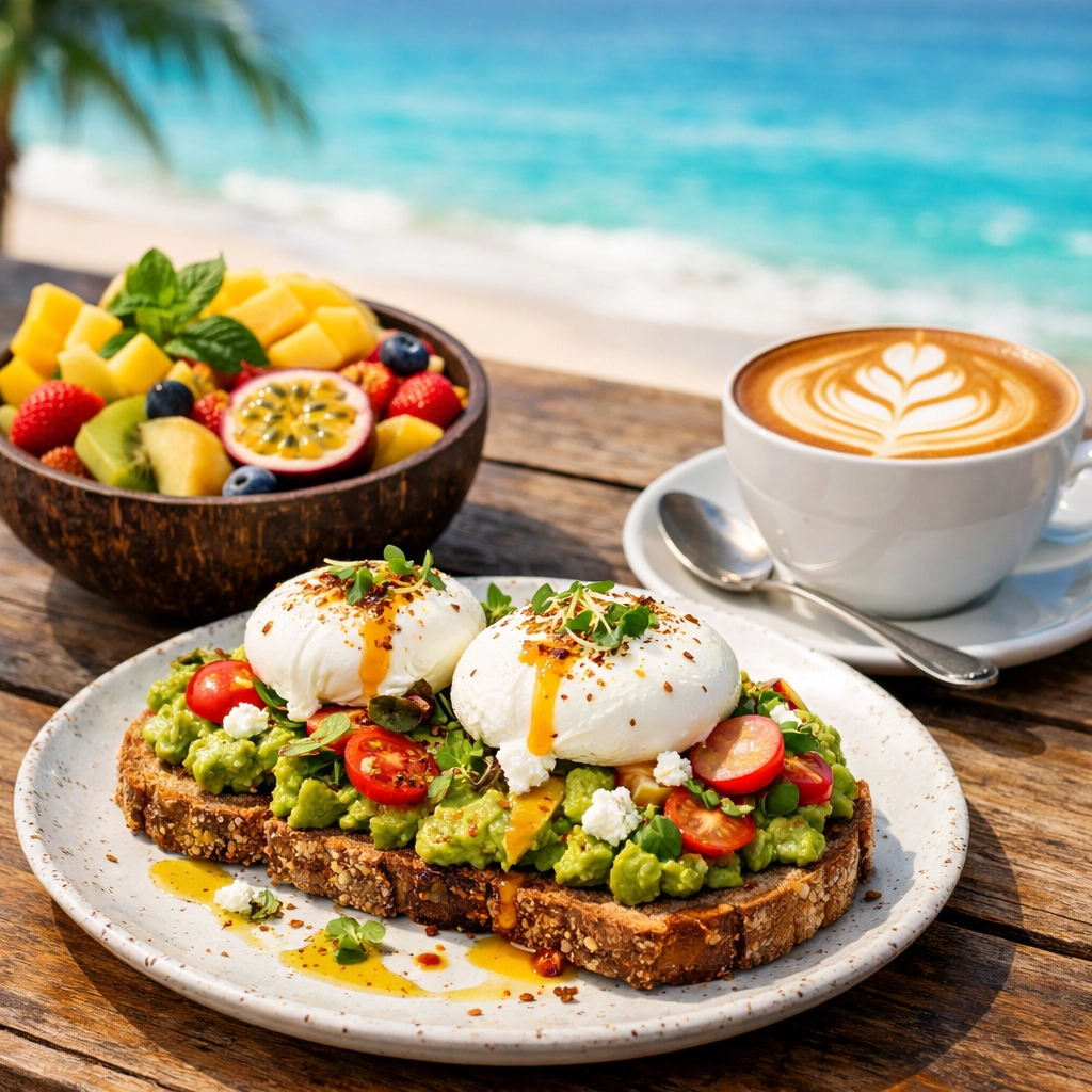 Sharp, high-end food photography of a coastal breakfast, optimized for fast website loading and better SEO rankings.