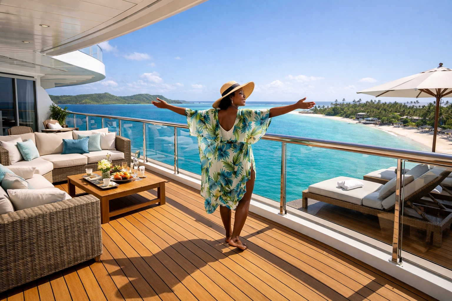 Woman on a luxury cruise suite balcony with tropical views booked via an Omaha travel agent.