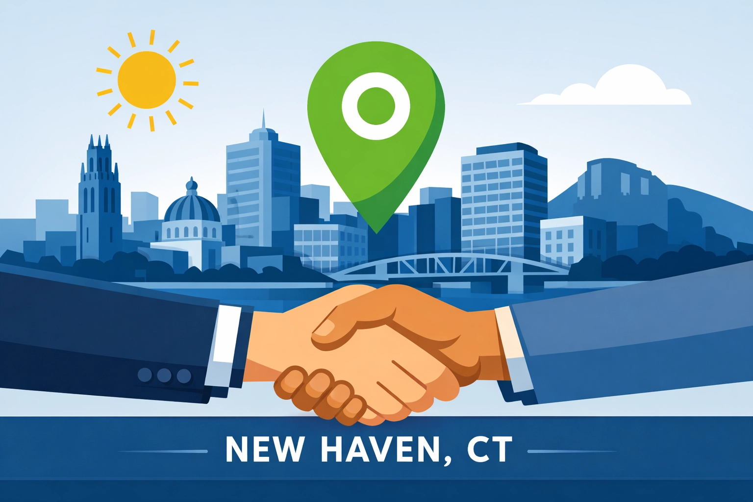 New Haven skyline with a handshake representing professional tax preparation services and trust.
