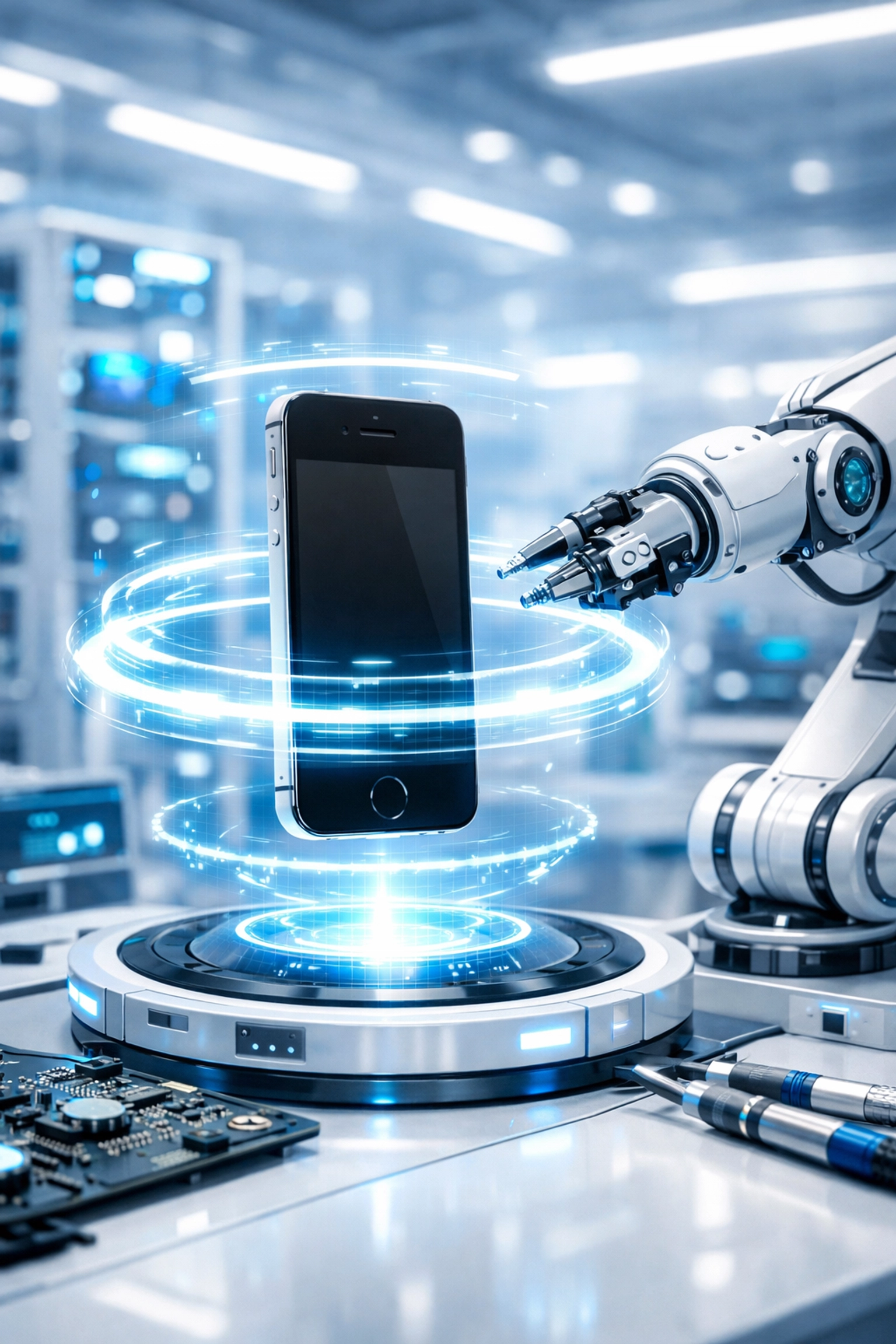 Robotic arm refurbishing an older smartphone in a lab to sell mobile for cash for the pre-loved market.