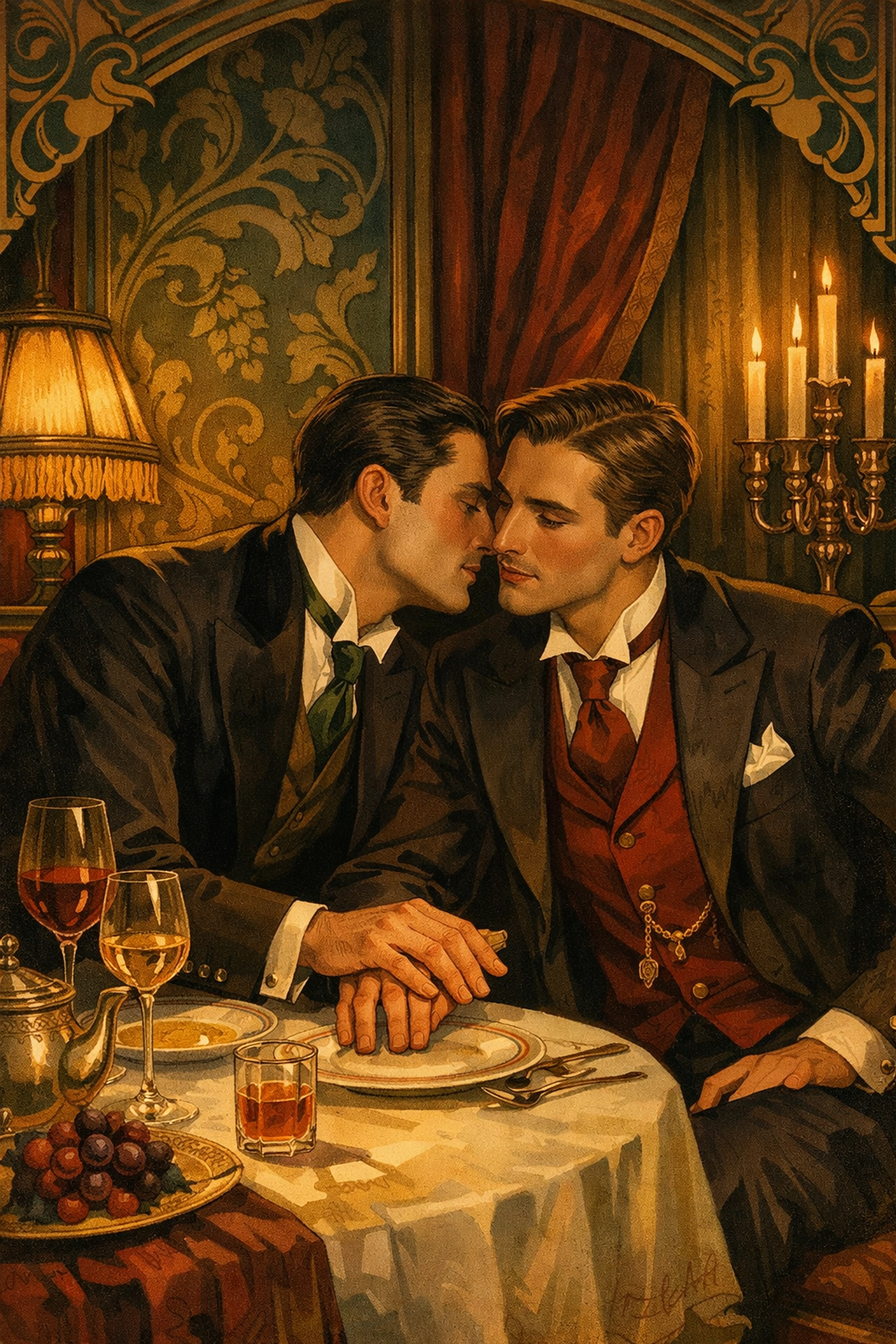 Secret rendezvous between gay lovers in luxury Zurich hotel dining room, early 1900s