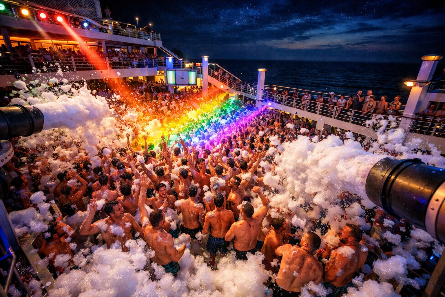 Gay cruise foam party at night with dancing crowds and rainbow lights on ship deck