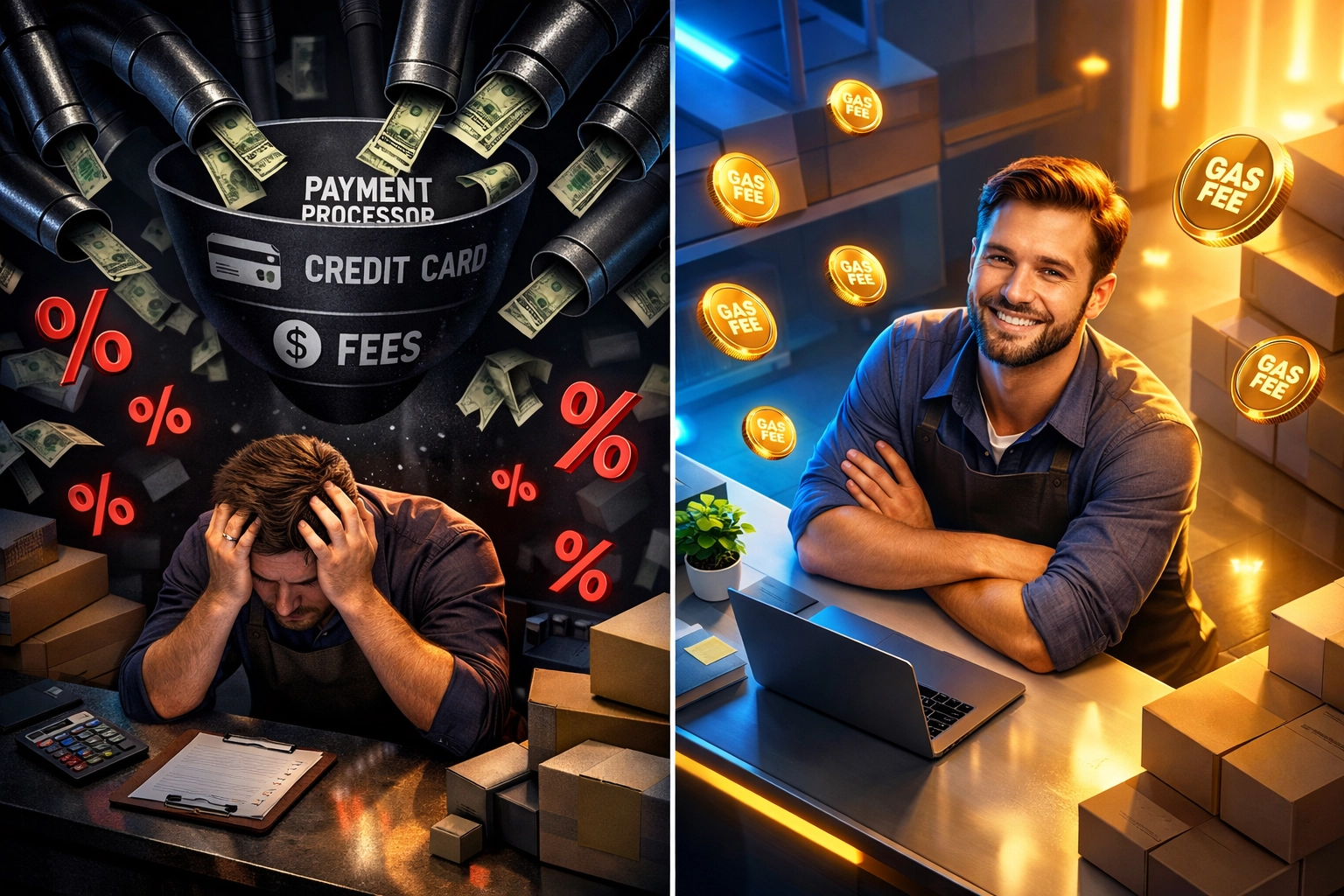 Comparison of traditional crypto processor fees versus gas-only transfer costs for merchants