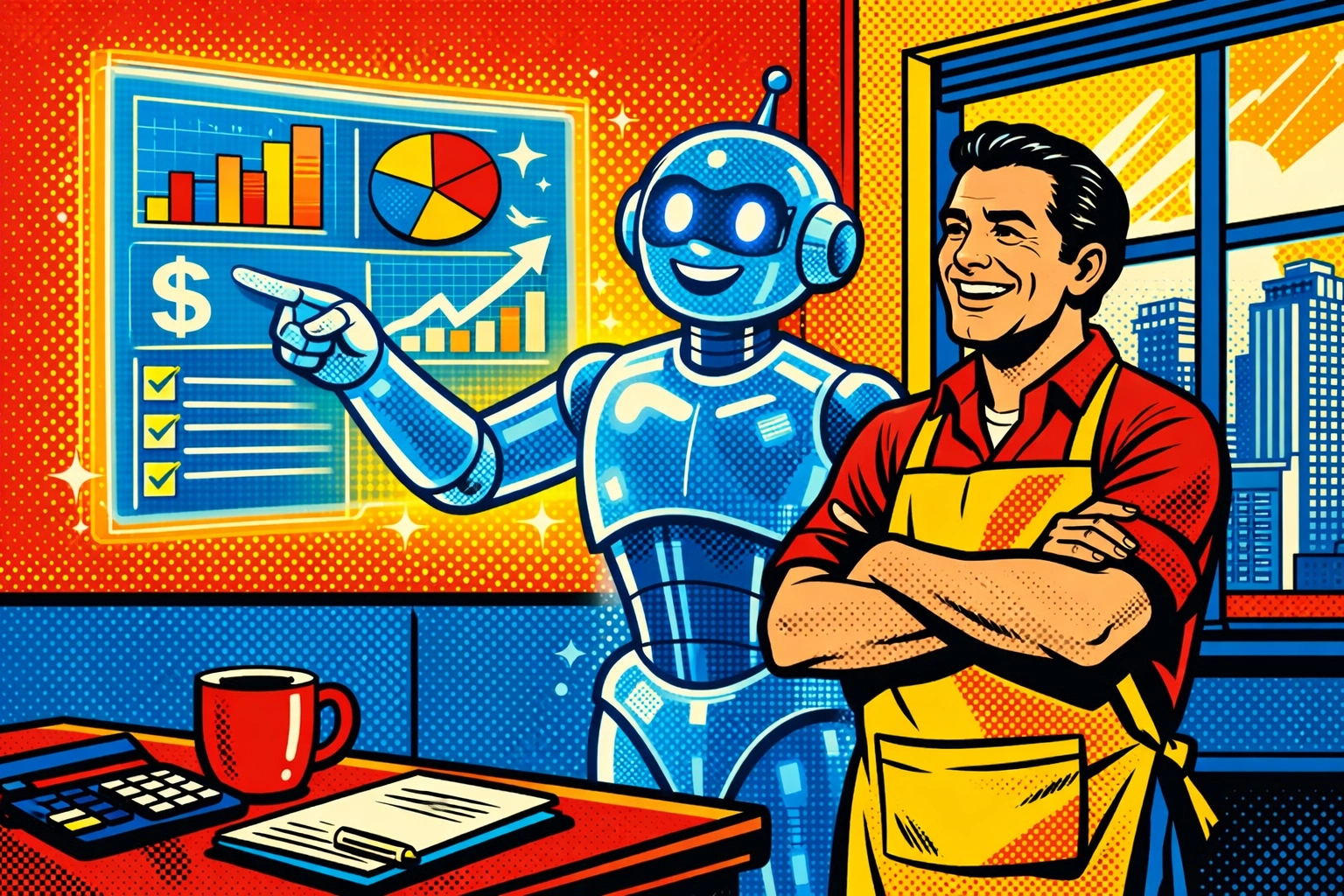 A small business owner working alongside a digital AI assistant for small business.