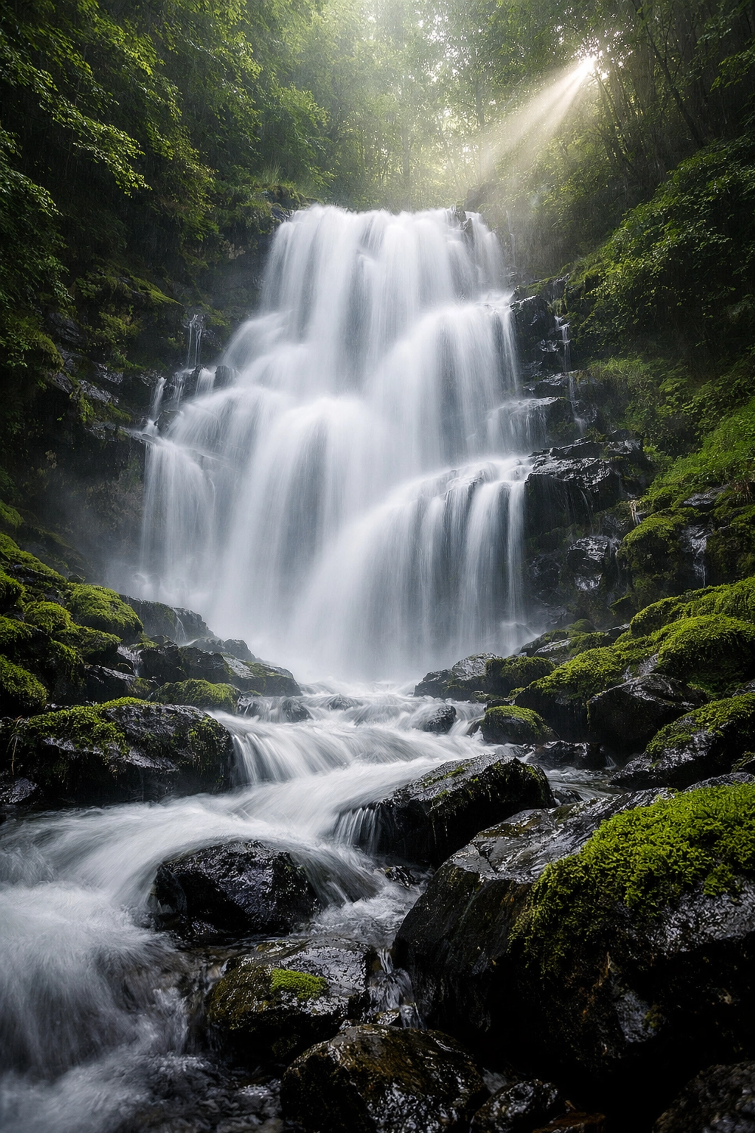 Long exposure water photography showing a silky waterfall effect in photography tutorials.