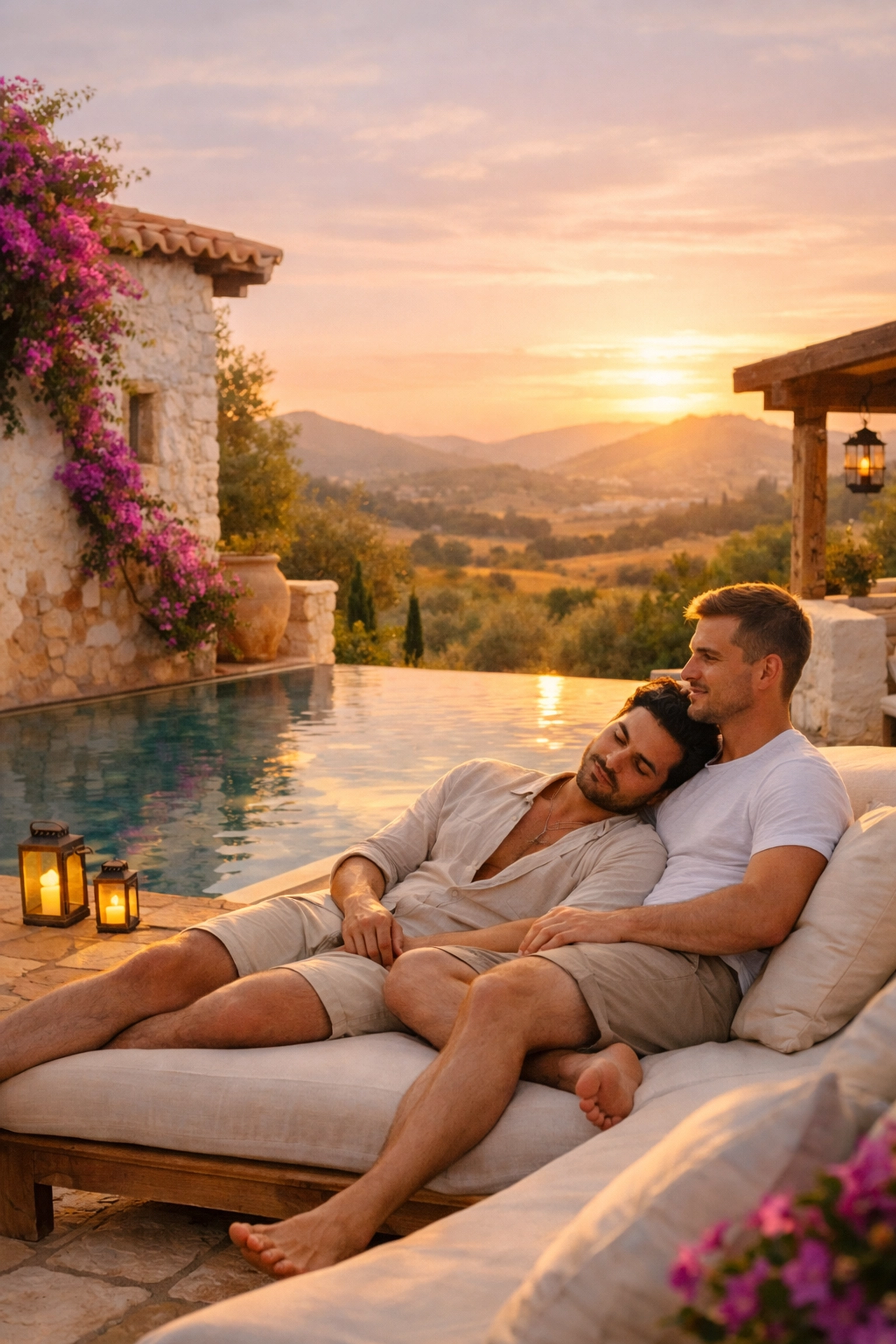 Luxury Ibiza agroturismo infinity pool overlooking olive groves for gay couples
