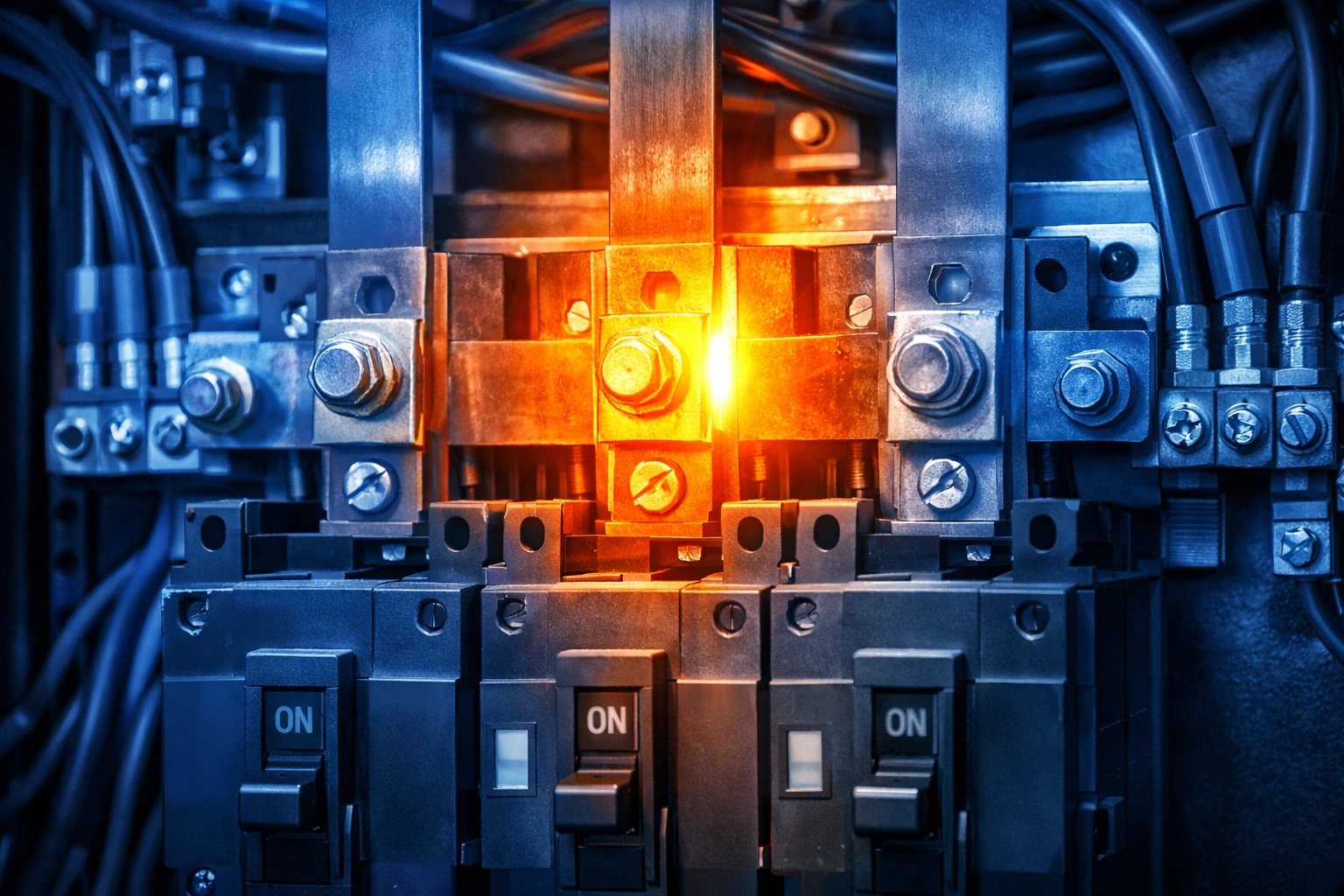 Industrial electrical panel thermal imaging revealing hot spot connection fault in yellow-orange