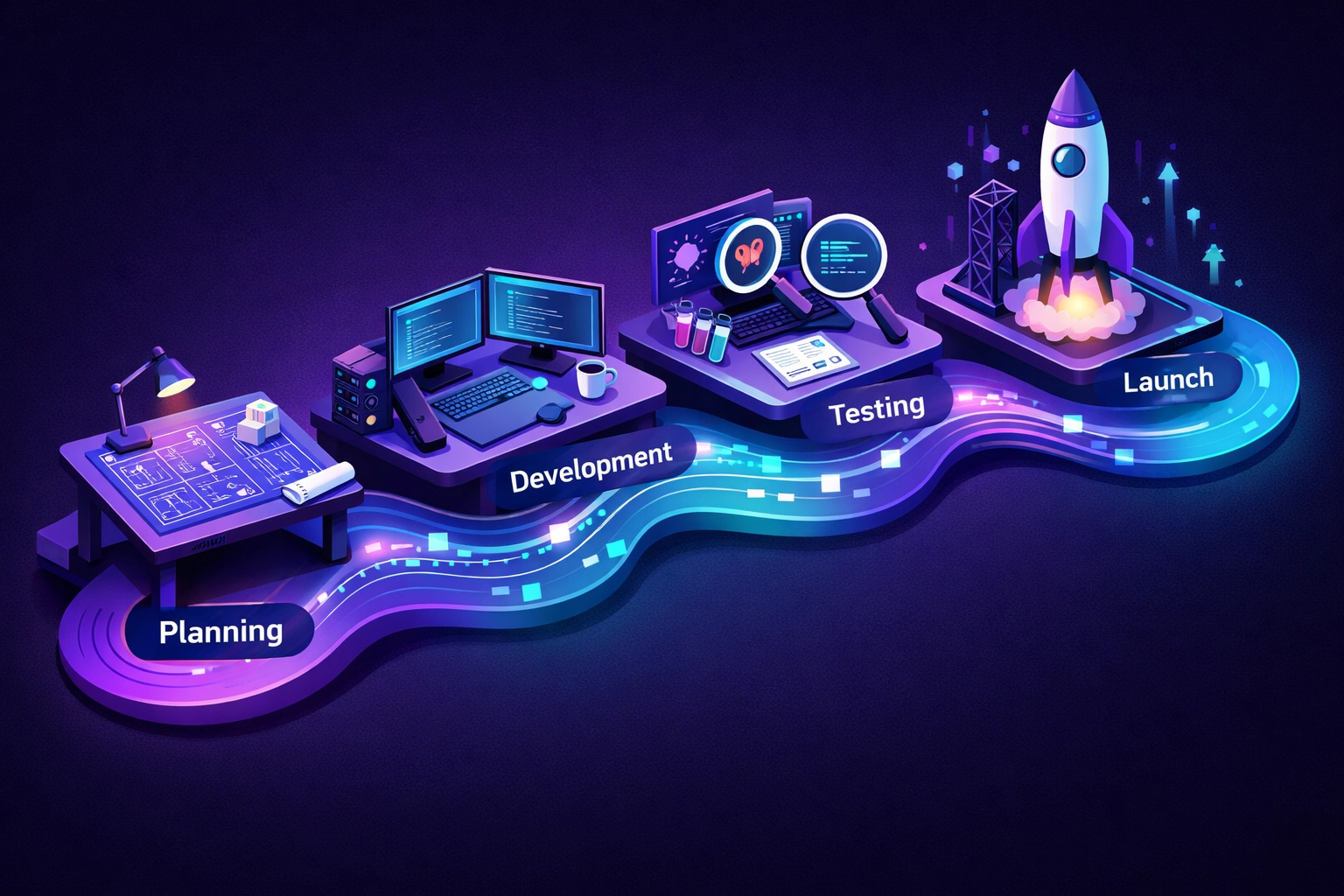 Custom software development lifecycle showing planning, coding, testing, and deployment phases