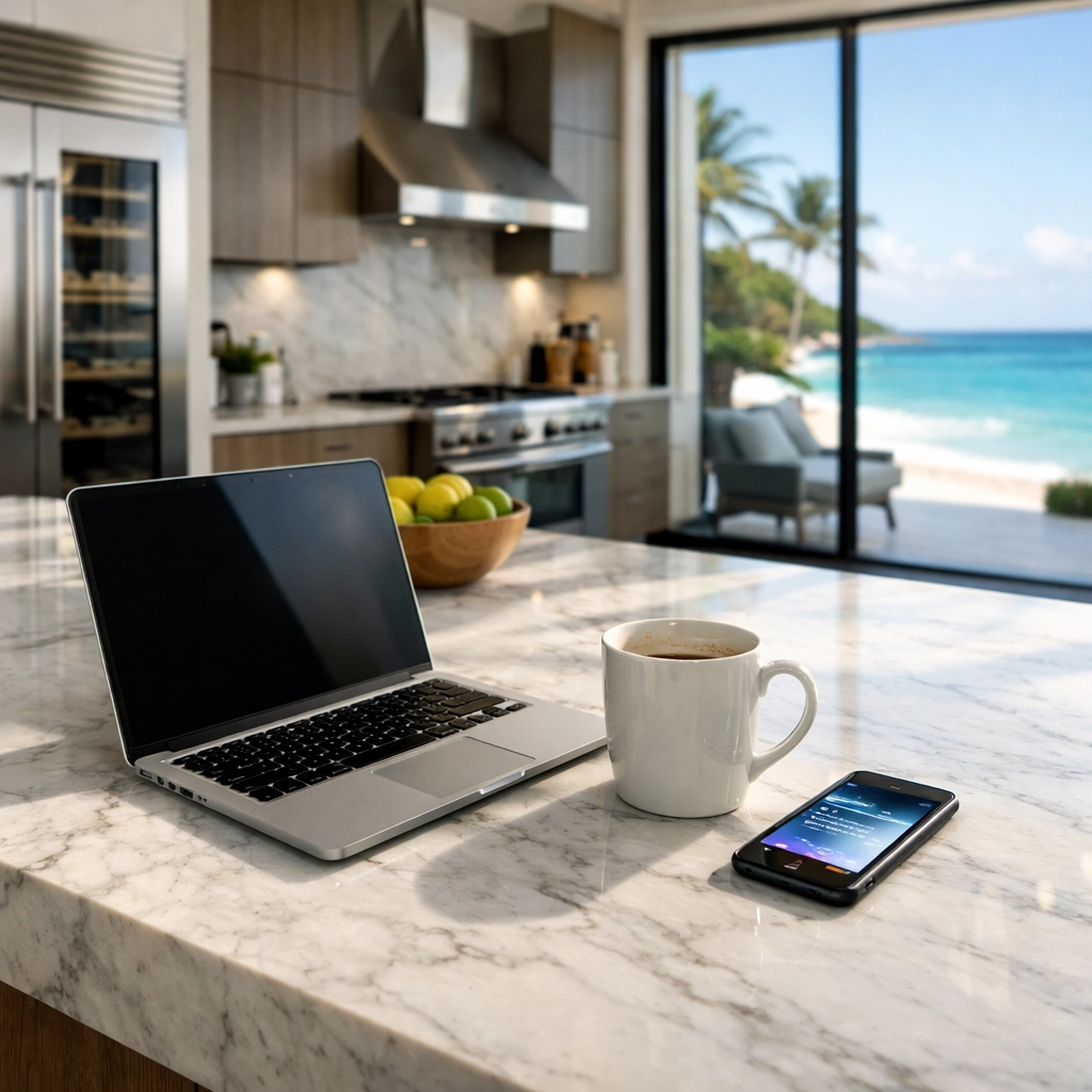 Modern luxury kitchen in a beachfront villa illustrating the daily tasks of property management.