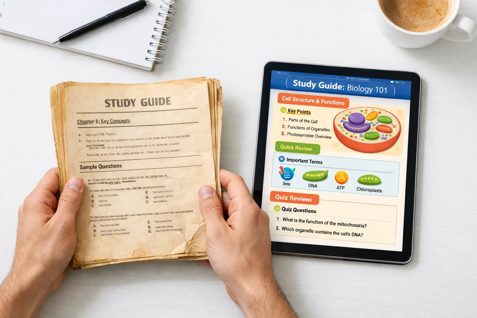 Outdated CLEP study guide compared to modern digital test prep materials on tablet