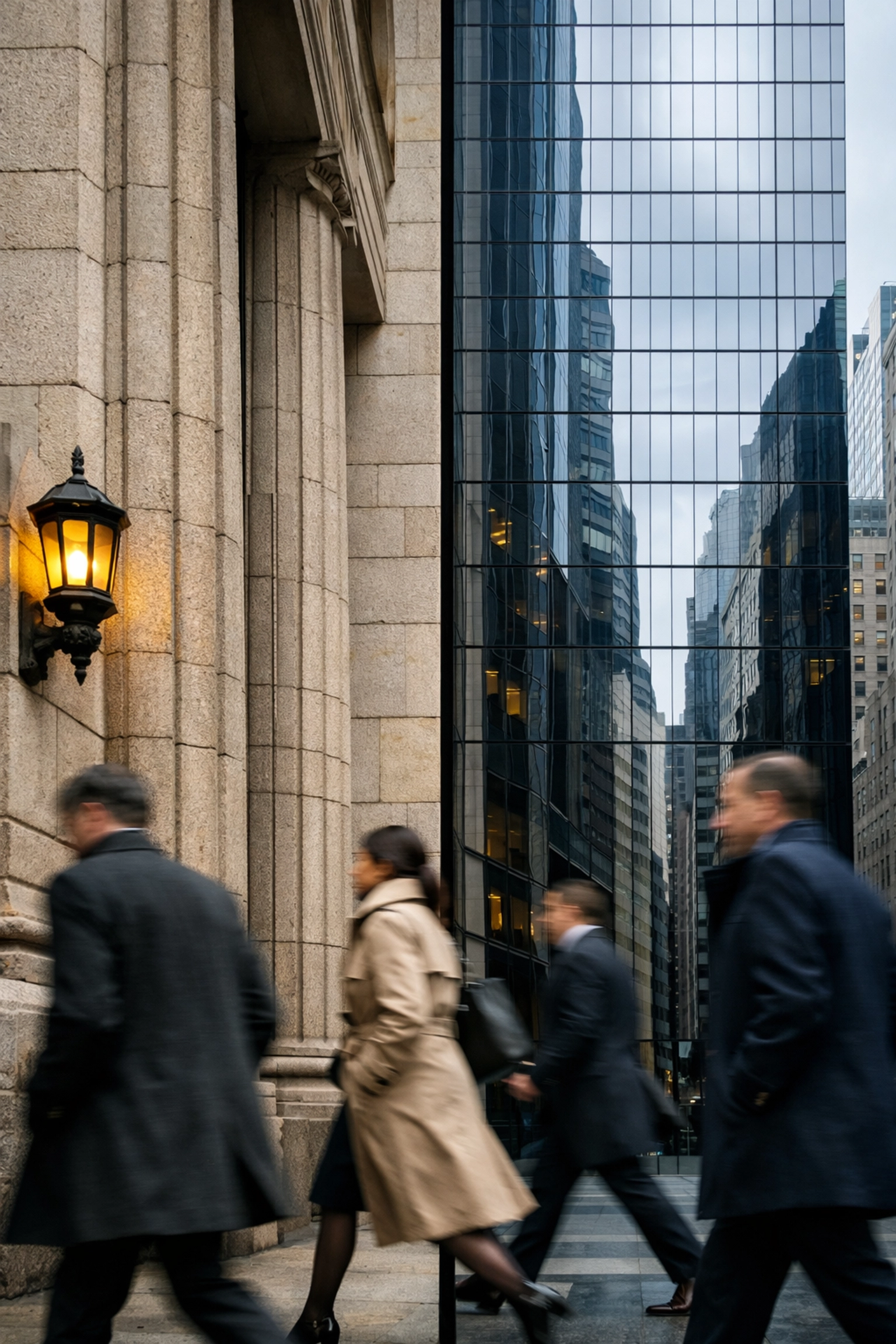 Modern glass office tower and historic bank building in the New York Financial District business hub.