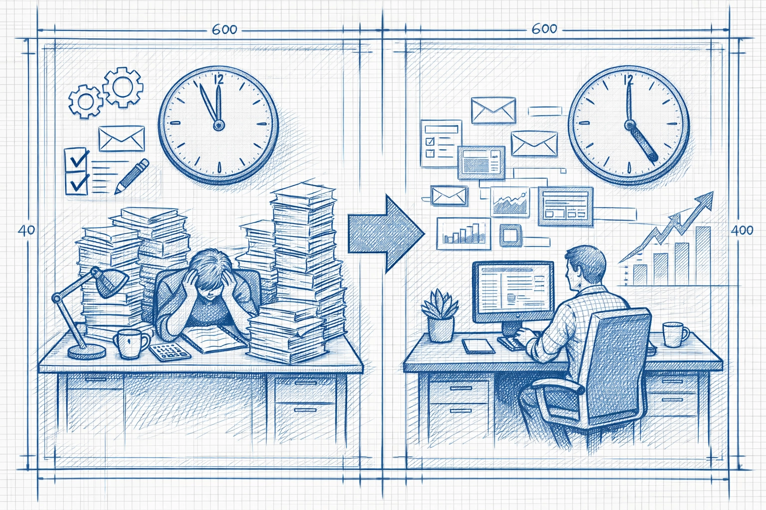 Comparison showing manual sales tasks versus automated workflow productivity gains