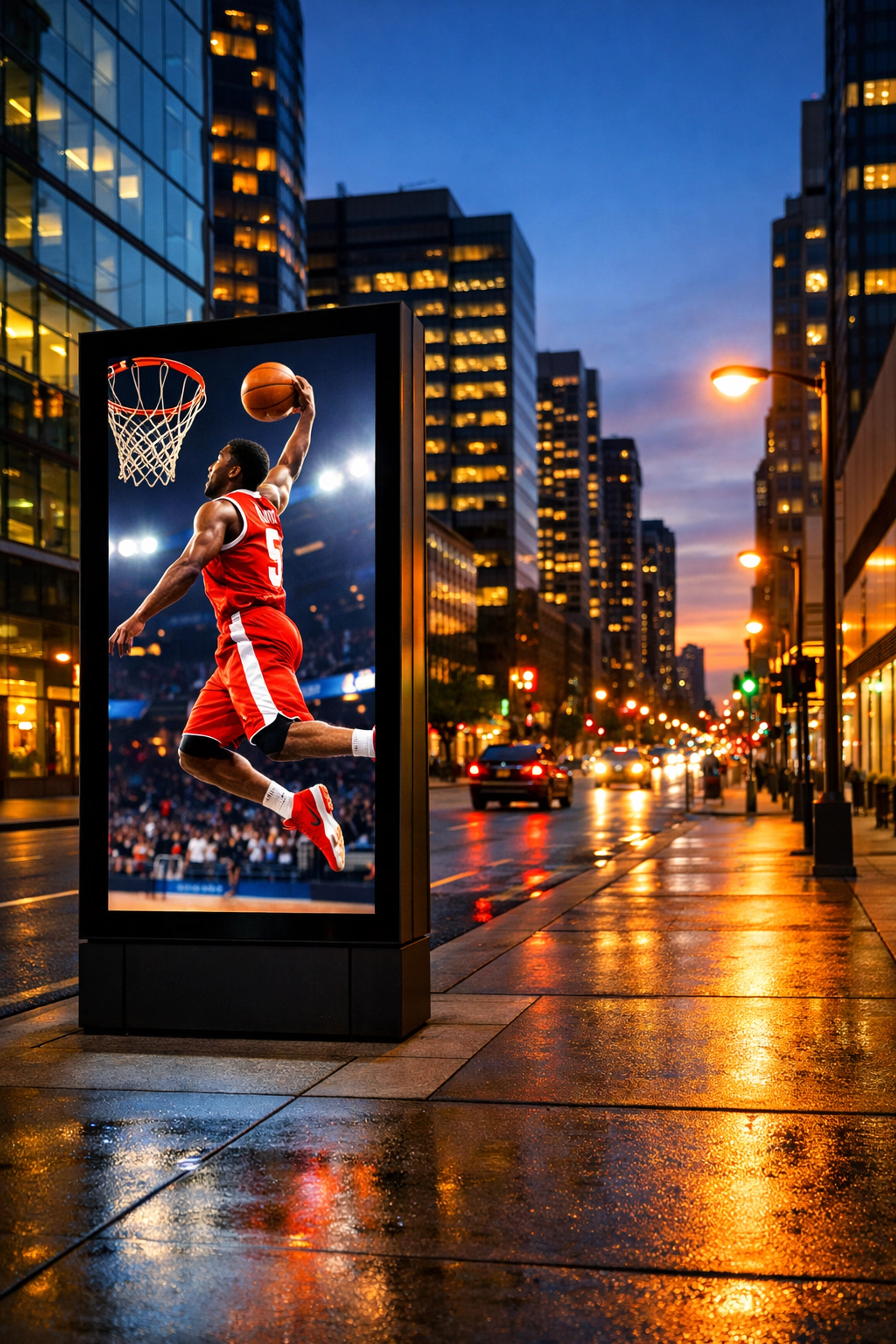 Vertical digital out-of-home screen on a city street showing a dynamic basketball ad at dusk.