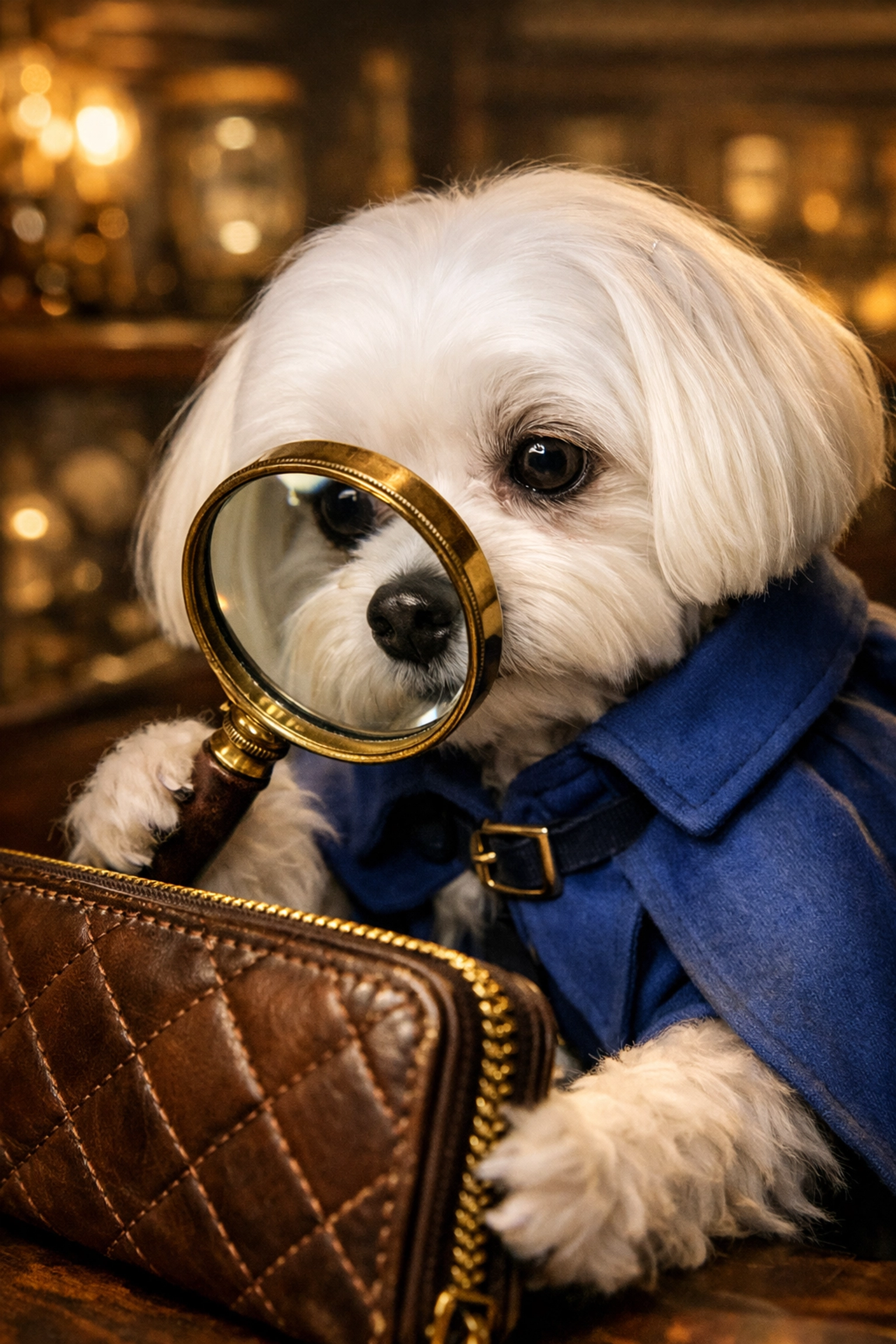 Maltese expert using a magnifying glass for professional luxury authentication on a designer wallet.