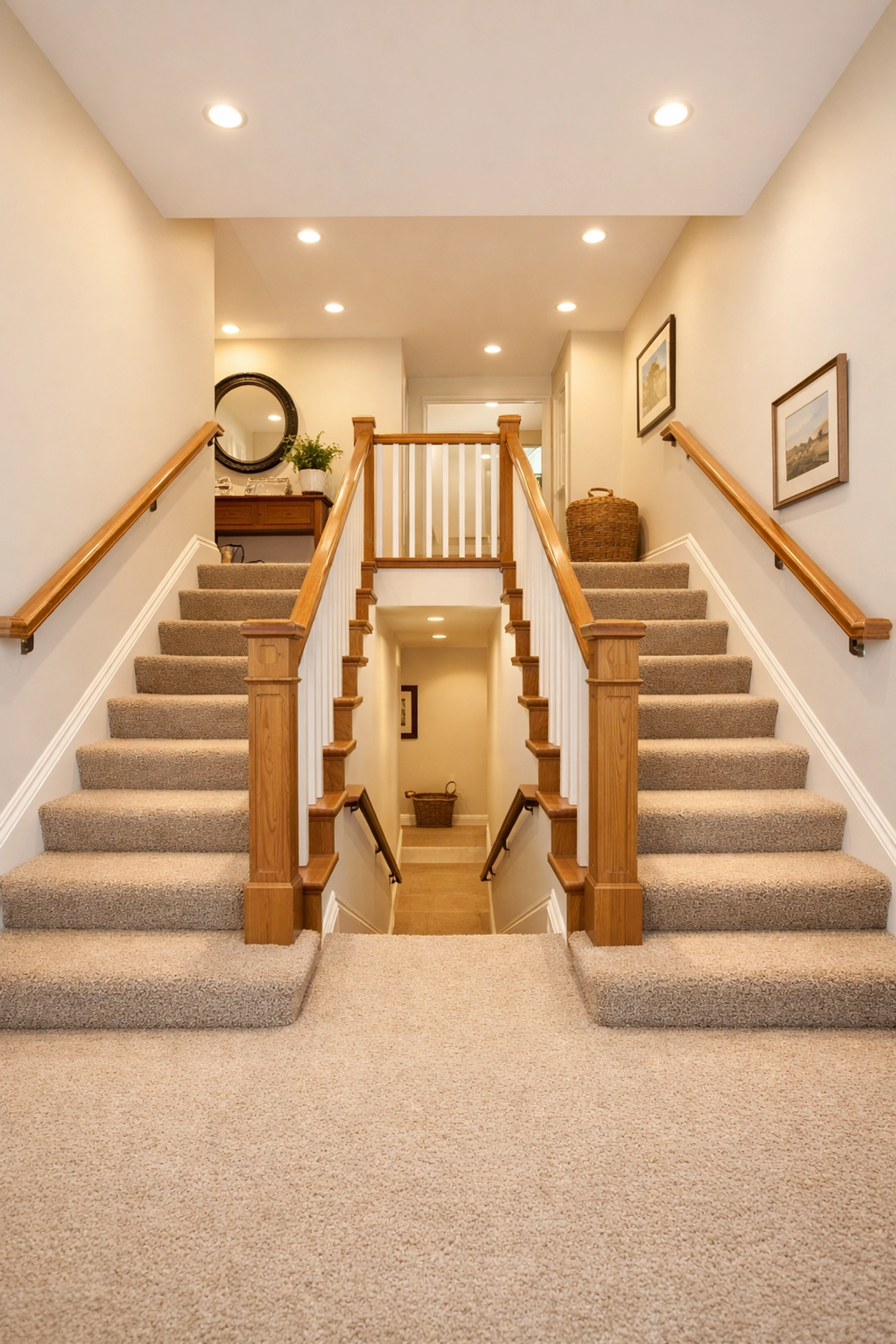 A clear, well-lit carpeted staircase showing a safe, unobstructed path with a sturdy banister.