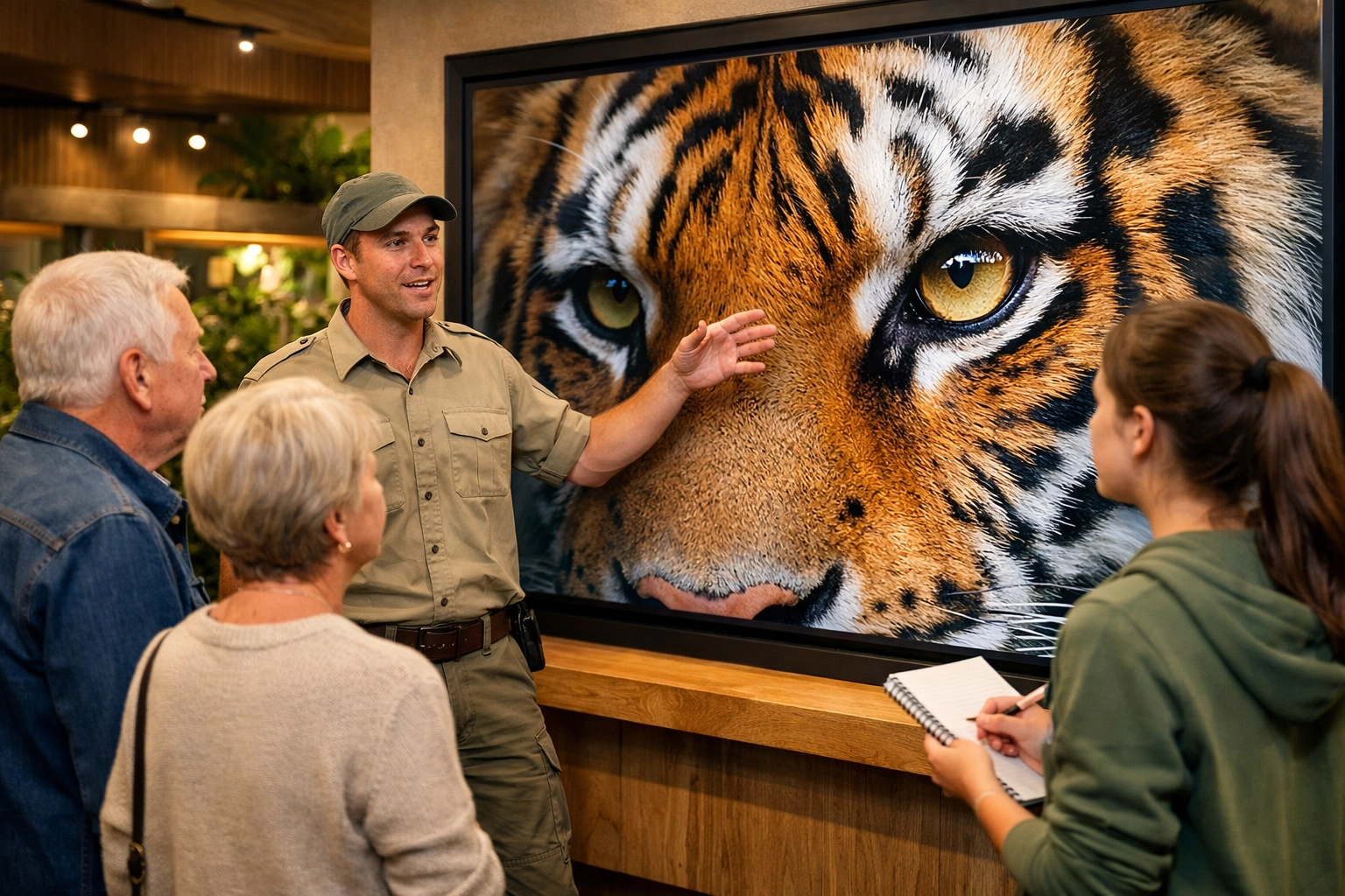 Zoo staff using a high-definition interactive display to teach visitors about animal conservation and biology.