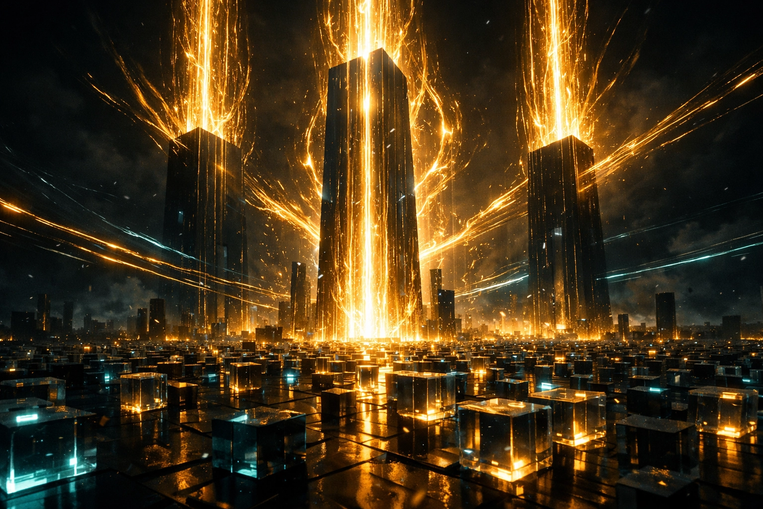 Large towers of light absorbing energy representing capital concentration in the Series A paradox.