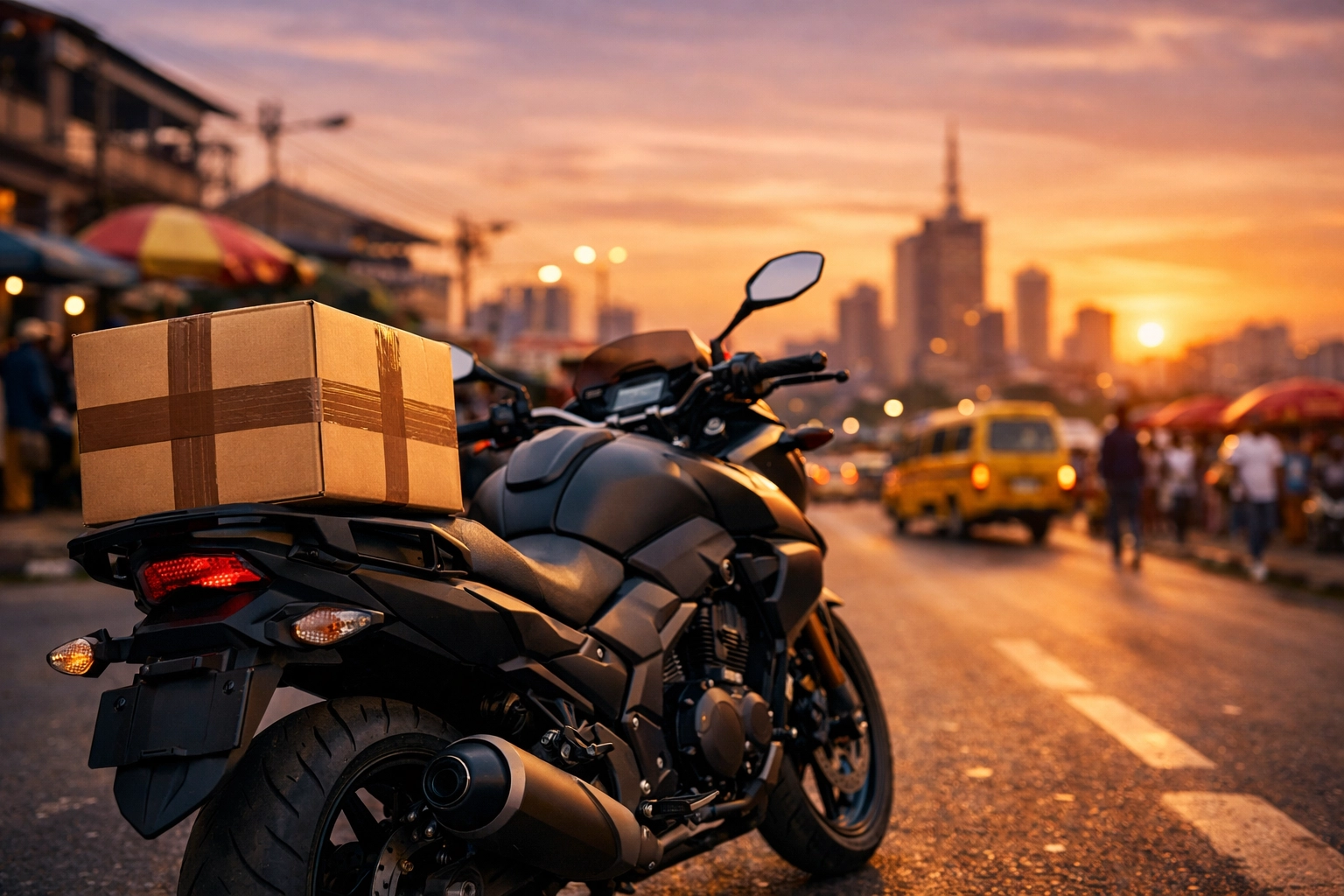 Reliable logistics in Nigeria featuring a delivery motorcycle and professional packaging for online traders.