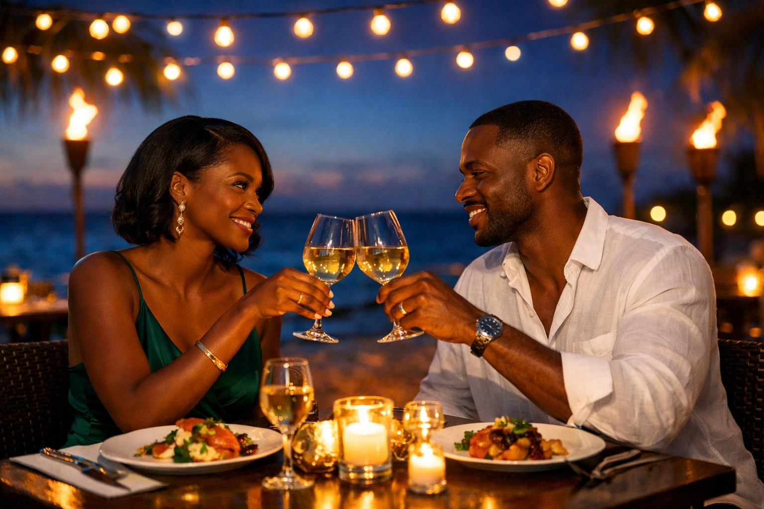 Romantic beachfront dinner at luxury all-inclusive Caribbean resort with candlelight