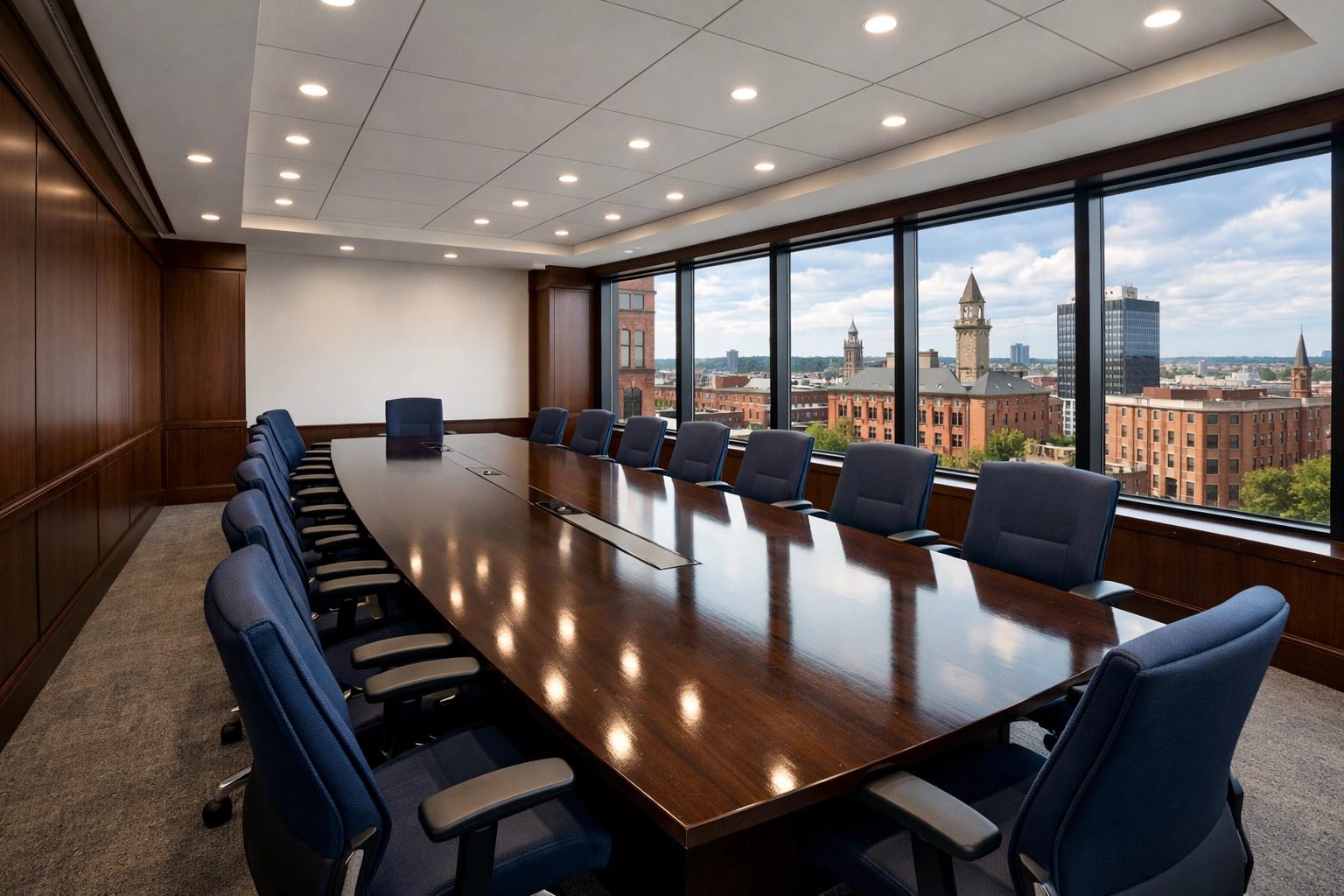 Professional office cleaning Worcester in a modern corporate boardroom overlooking the city skyline.