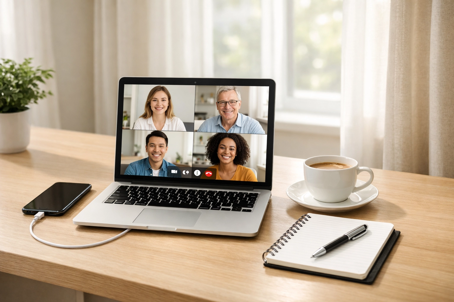Modern business traveler workspace with laptop video conference and charging station