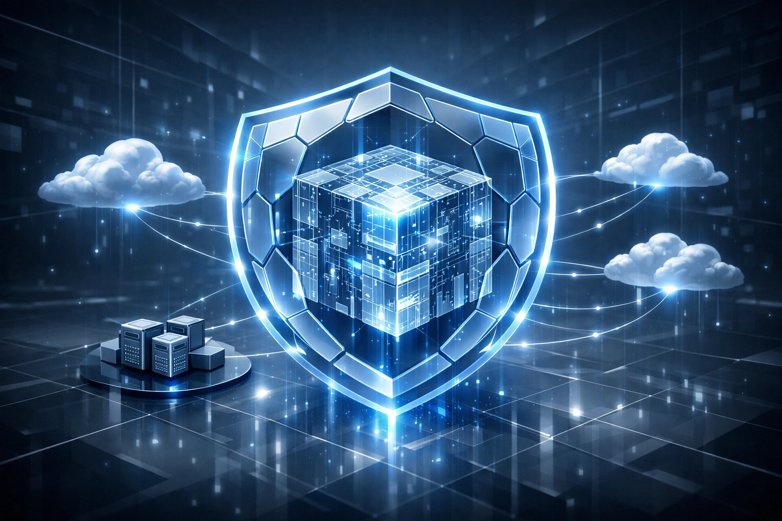 Secure business data backup and recovery architecture with protected cloud storage.