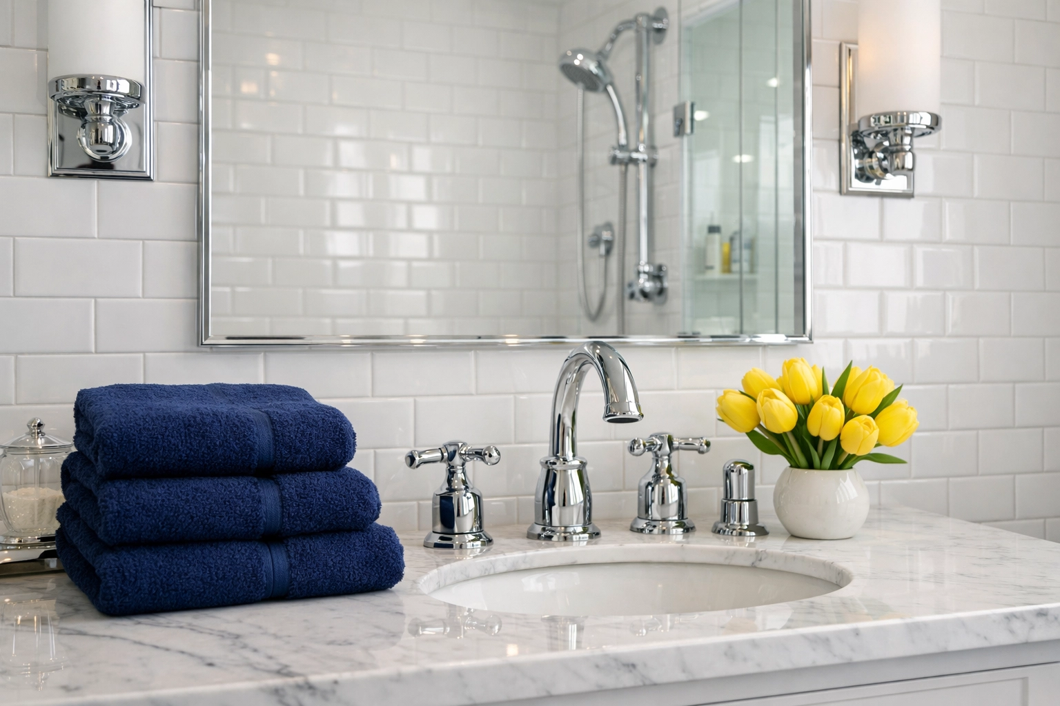 Sanitized luxury bathroom with white tiles after a professional deep house cleaning Sudbury MA session.