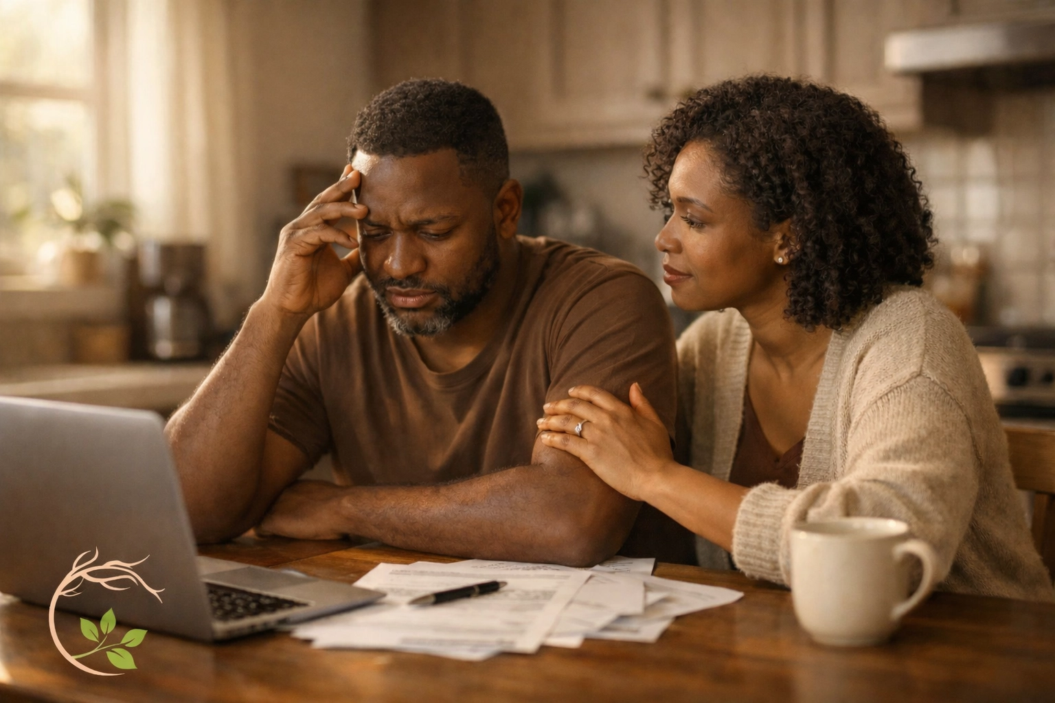 Black couple managing financial stress together at kitchen table with emotional support