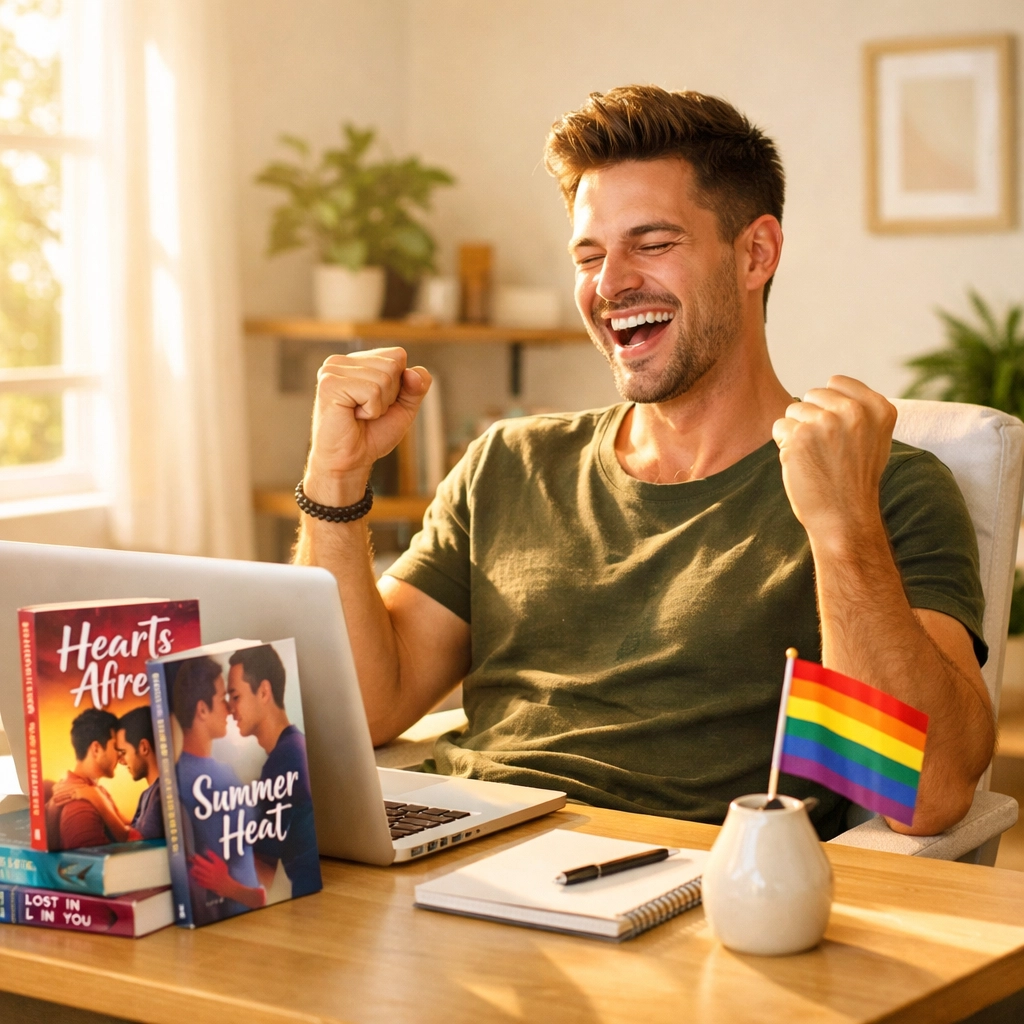 A successful gay author celebrates publishing his M/M romance books in a sunlit modern home office.