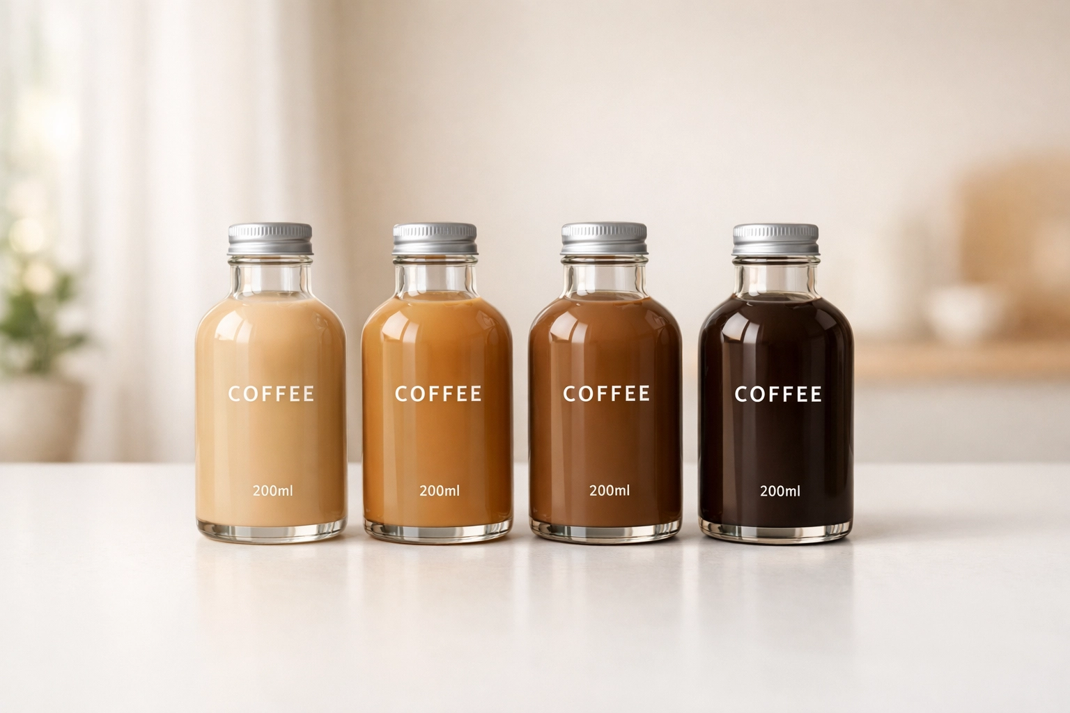 Four glass bottles of Aeracafe ready to drink coffee in Classic, Mocha, Hazelnut, and Caramel flavors