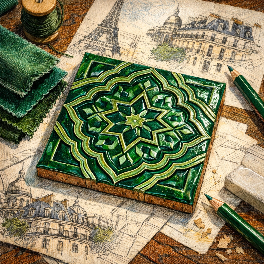 Ornate emerald green Moroccan tile used as inspiration for luxury hospitality design.