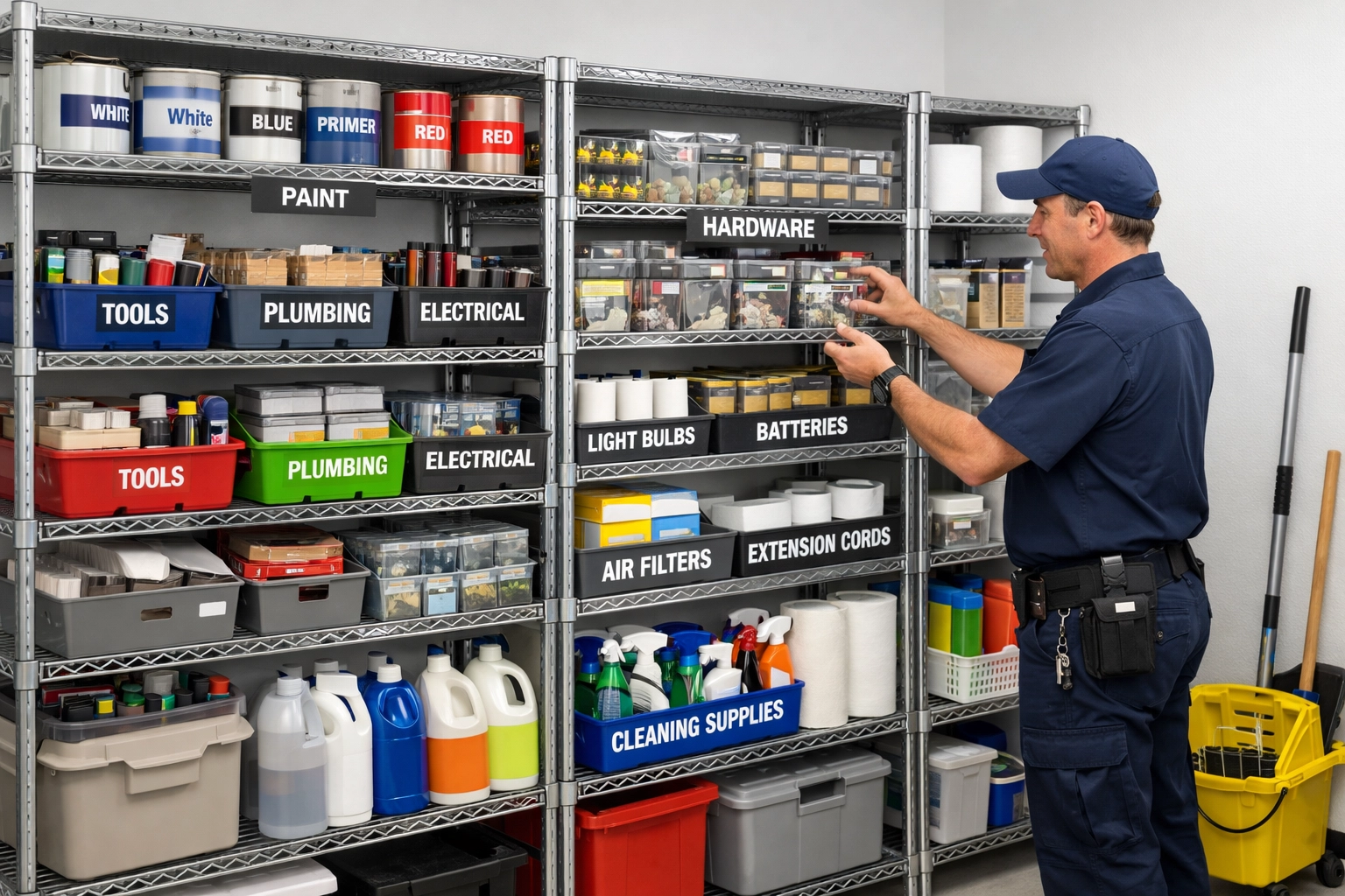 Well-stocked maintenance supply room with paint, hardware, and cleaning materials on-site