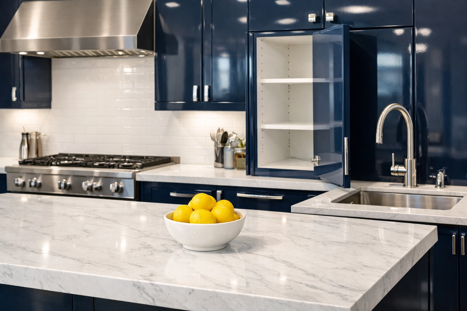 Deep cleaned gourmet kitchen in Bolton MA with sparkling countertops and sanitized cabinets.