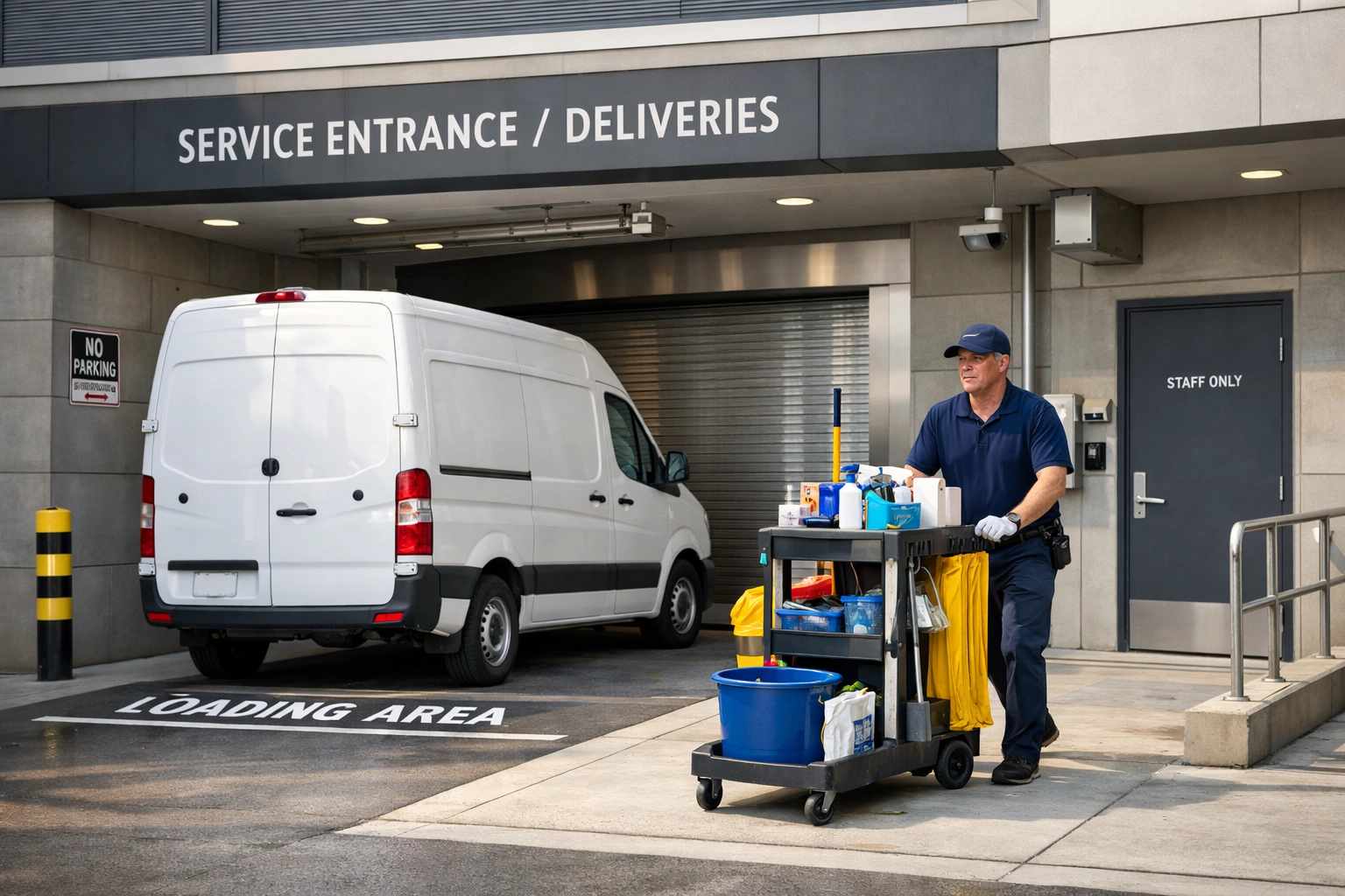 Cleaning service provider at apartment building loading dock with professional equipment cart
