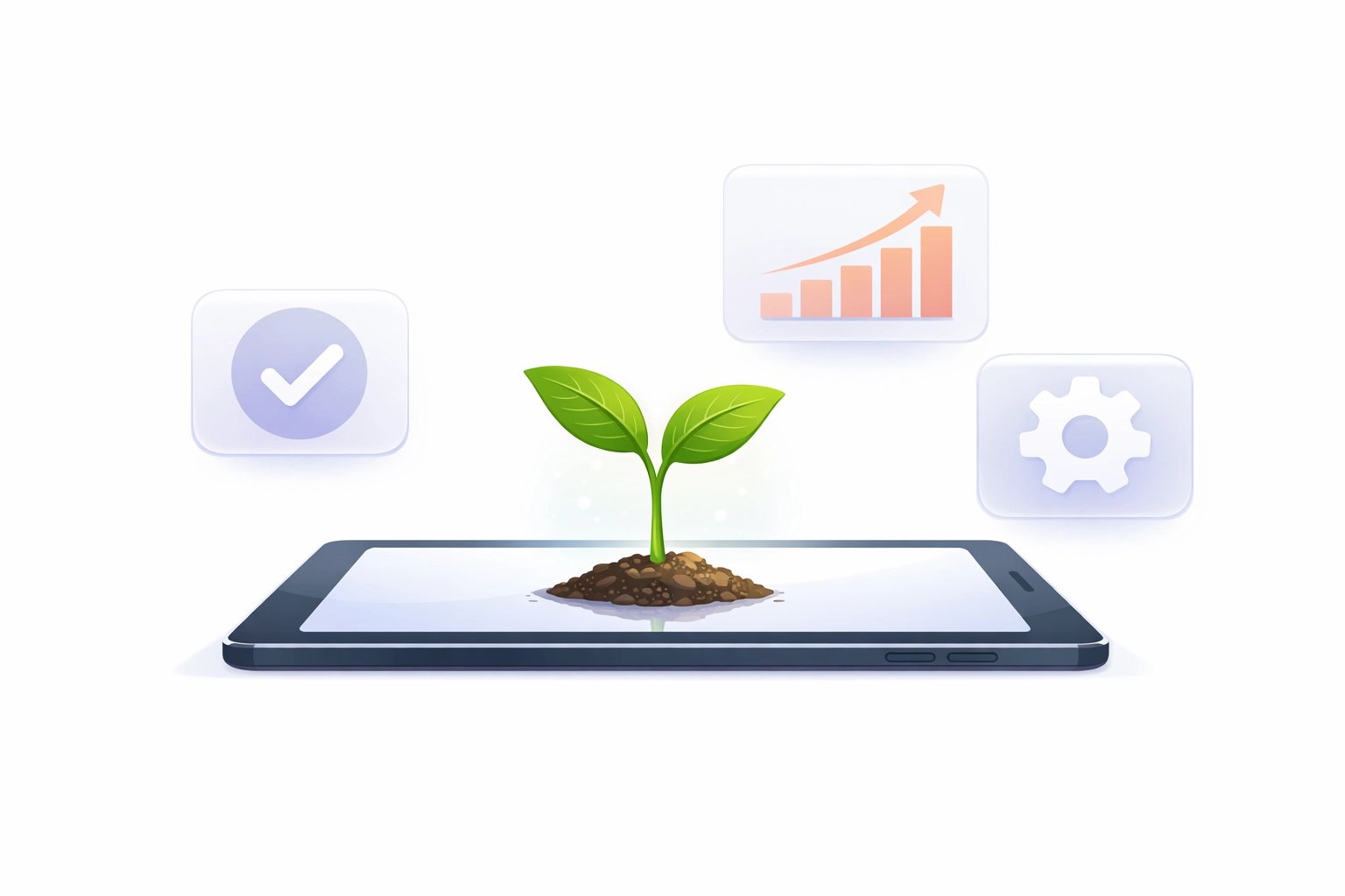 A seedling growing from a tablet with a rising graph, symbolizing small business growth through IT services Adelaide.