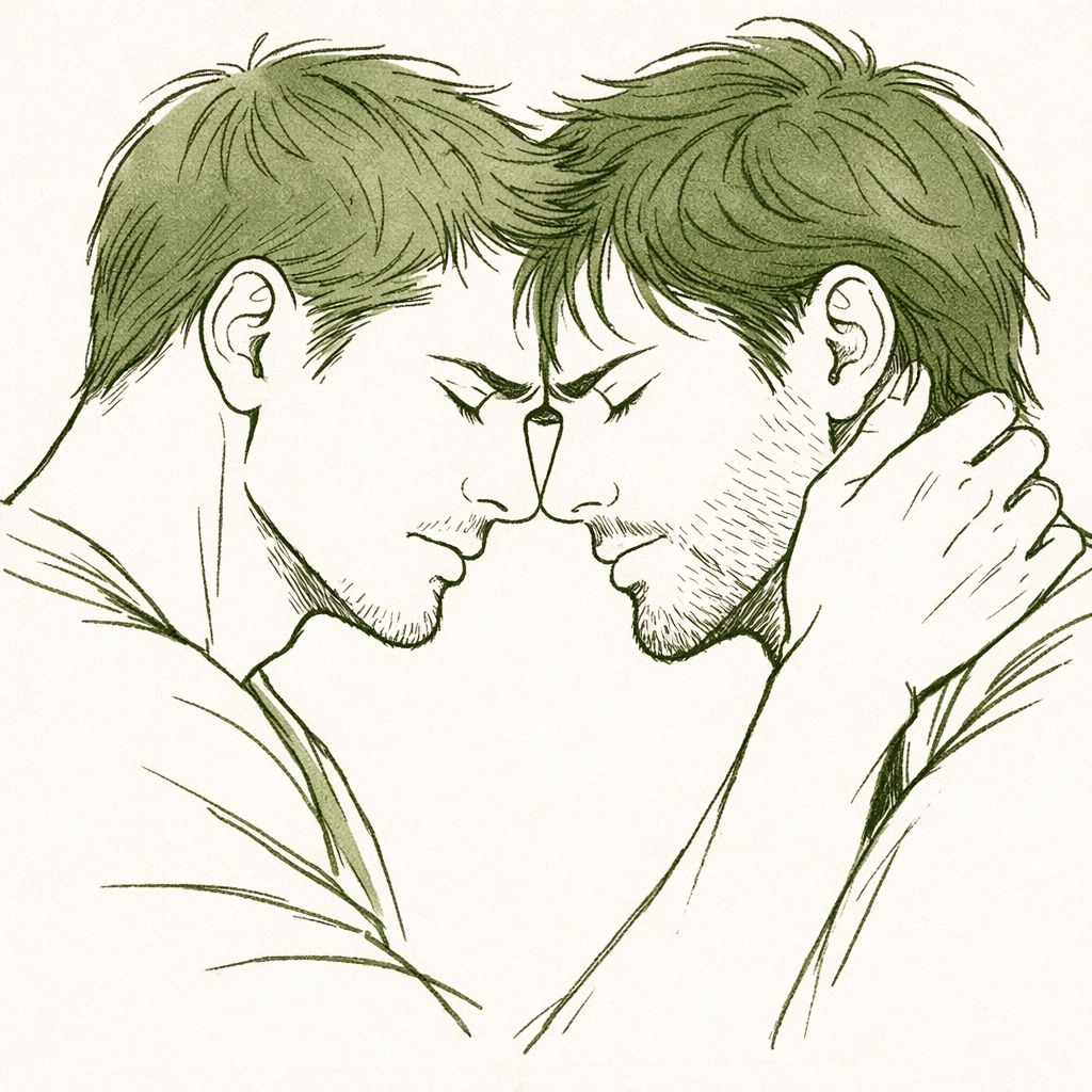 Minimalist art of two men in a deep emotional embrace, representing high-angst themes in MM fiction and gay novels.