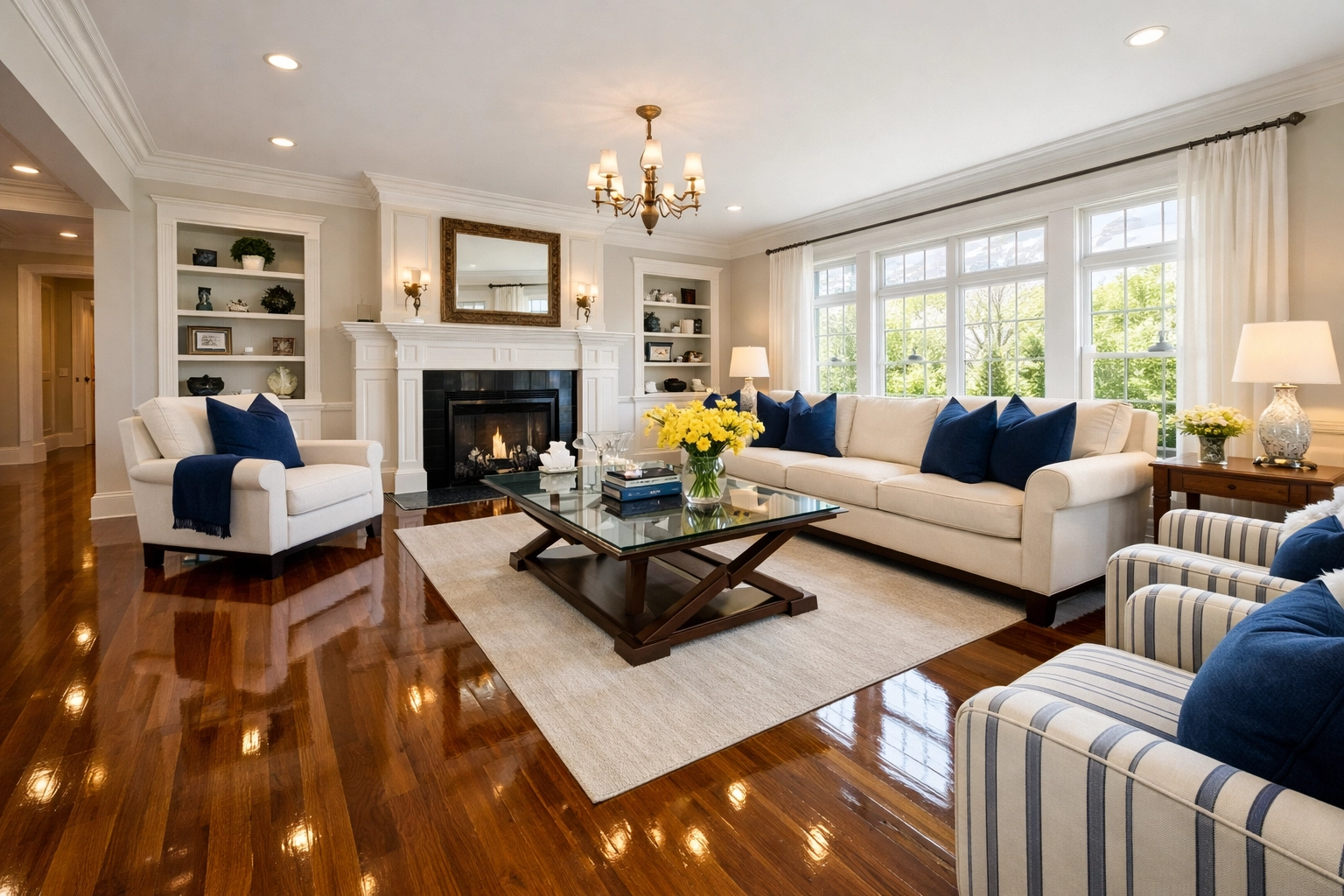 Spotless luxury living room after a professional Spring Cleaning MA efficiency strike.