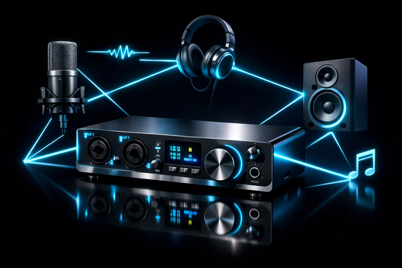 Modern audio interface with input/output connections for home studio music production setup