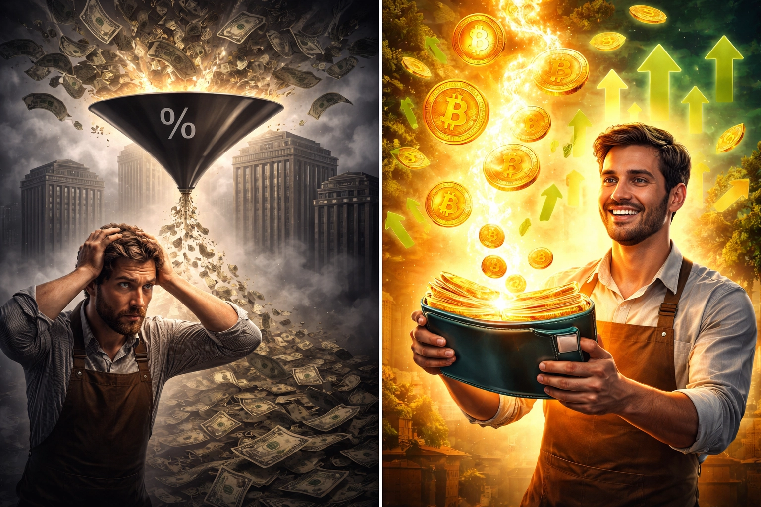 Split image of business owner losing money to high fees versus saving with crypto POS system, illustrating benefits of Larecoin Web3 payments for small businesses.