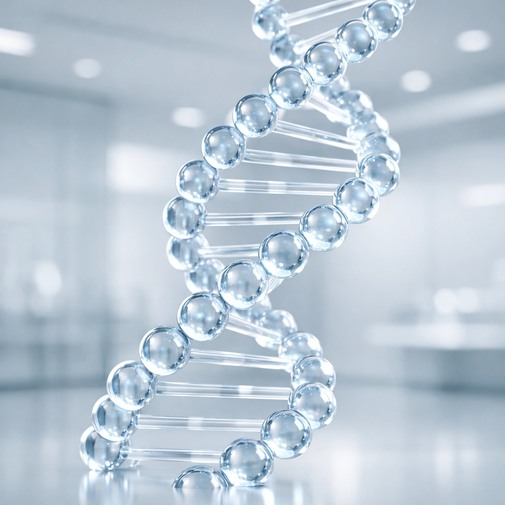 Glowing DNA double-helix illustrating cellular repair and immune support through peptide bioregulators.