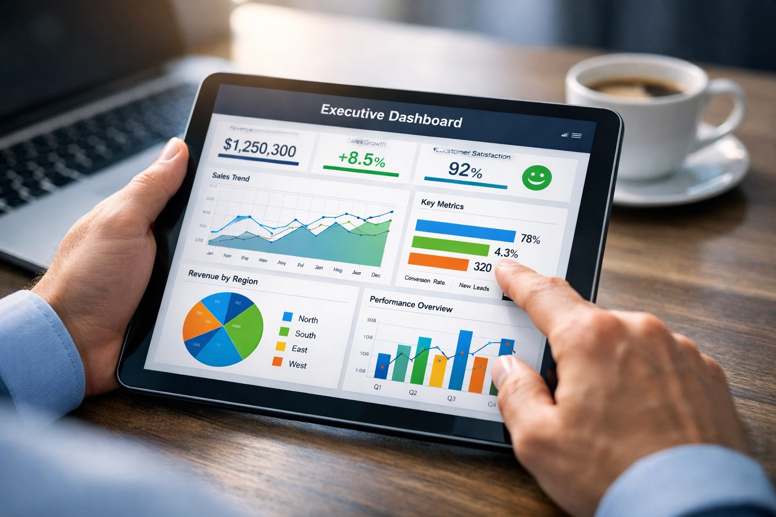 Executive reviewing talent analytics dashboard on tablet with performance metrics