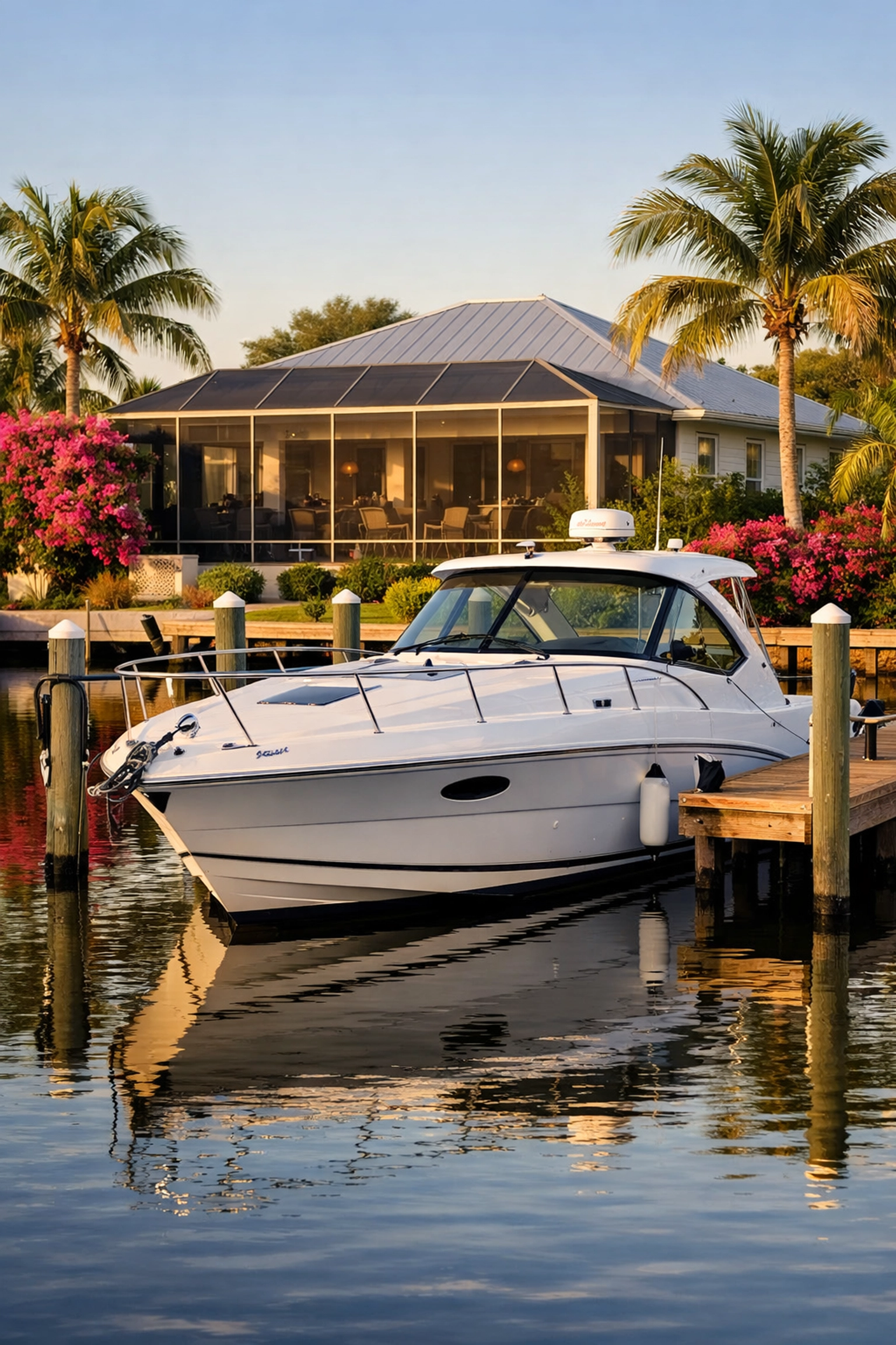 Private boat dock and home in the Southeast Cape Coral Yacht Club neighborhood at sunset.