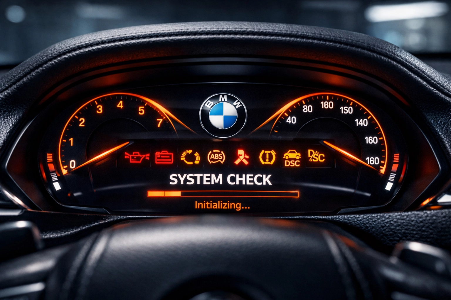 BMW digital instrument cluster with diagnostic symbols to check for DME power and communication during ignition.