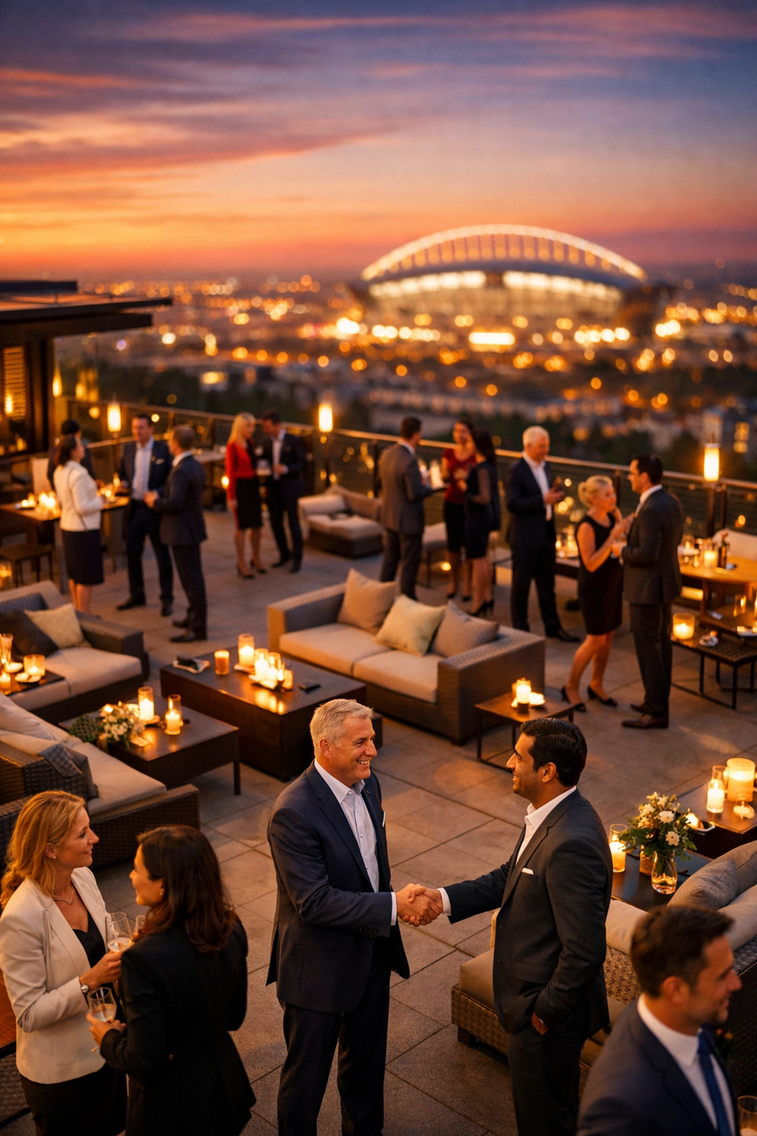 Corporate leaders networking at a luxury rooftop event for Super Bowl brand visibility.