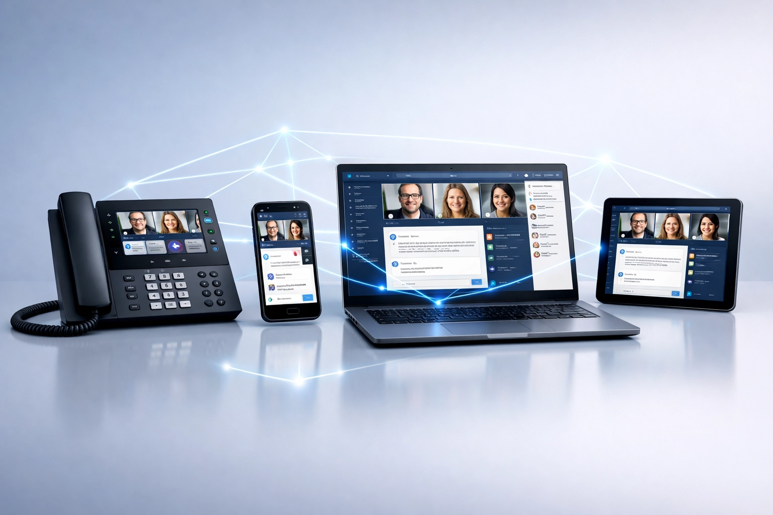 Multi-device UCaaS platform showing unified communications on desk phone, laptop, and mobile